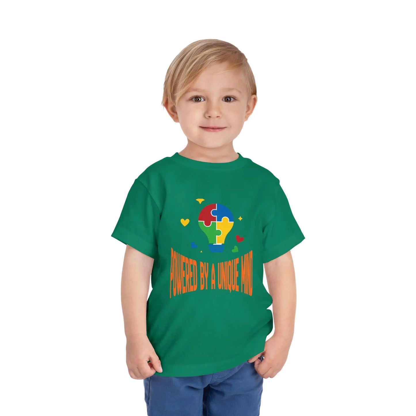  Celebrate neurodiversity with this "Powered by a Unique Mind" autism toddler tee. Featuring a puzzle lightbulb design, it's a sweet autism awareness shirt for little ones. Kelly Green