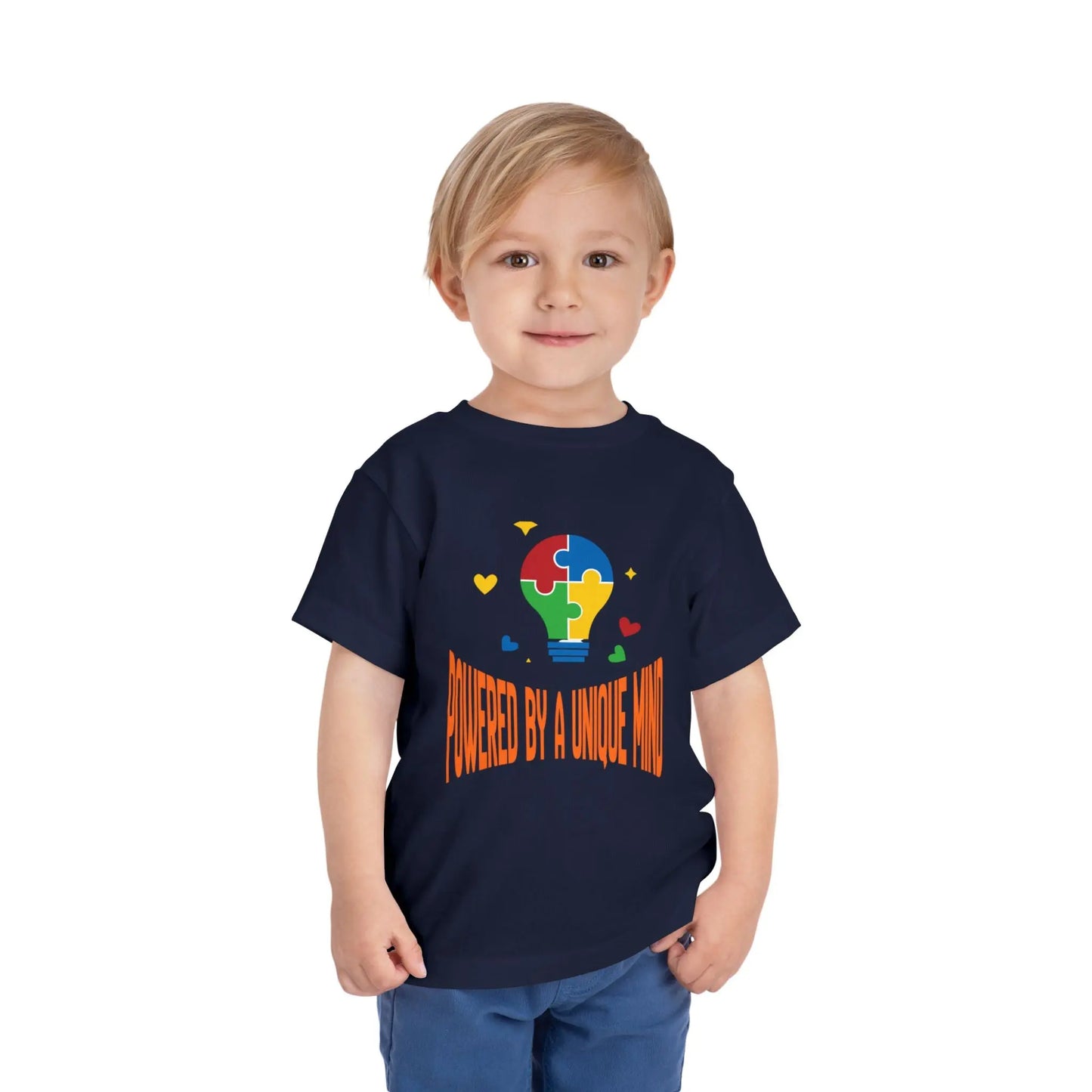  Celebrate neurodiversity with this "Powered by a Unique Mind" autism toddler tee. Featuring a puzzle lightbulb design, it's a sweet autism awareness shirt for little ones. Navy