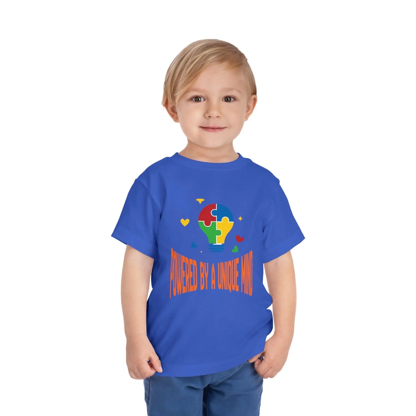  Celebrate neurodiversity with this "Powered by a Unique Mind" autism toddler tee. Featuring a puzzle lightbulb design, it's a sweet autism awareness shirt for little ones. True Royal