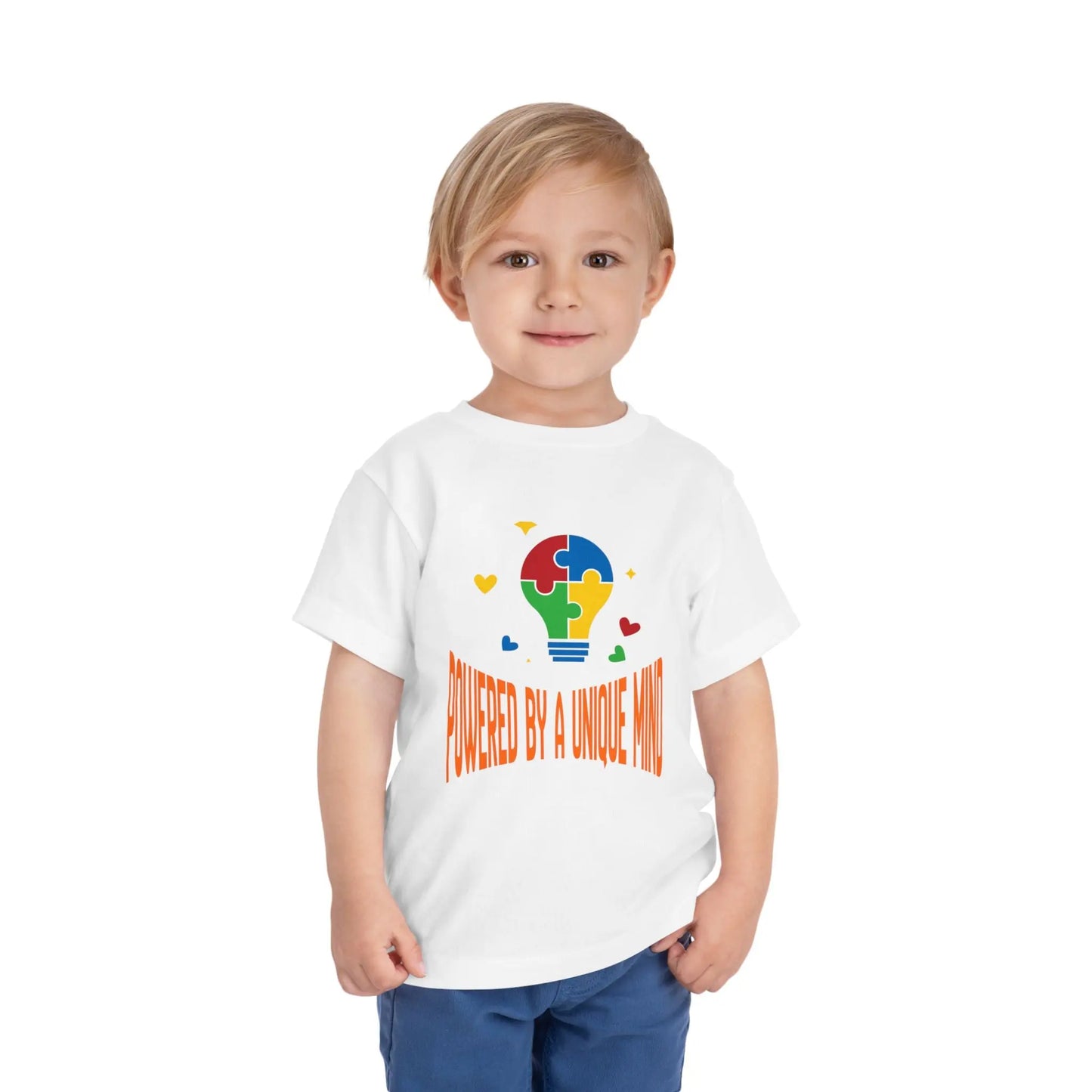  Celebrate neurodiversity with this "Powered by a Unique Mind" autism toddler tee. Featuring a puzzle lightbulb design, it's a sweet autism awareness shirt for little ones. White