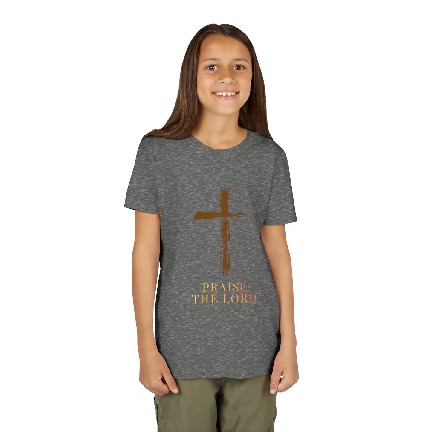 Girl wearing a soft, faith-inspired youth tee featuring a painterly brushstroke cross and "Praise The Lord." Perfect for church, Sunday school, Easter, and everyday Christian wear.  Deep Heather
