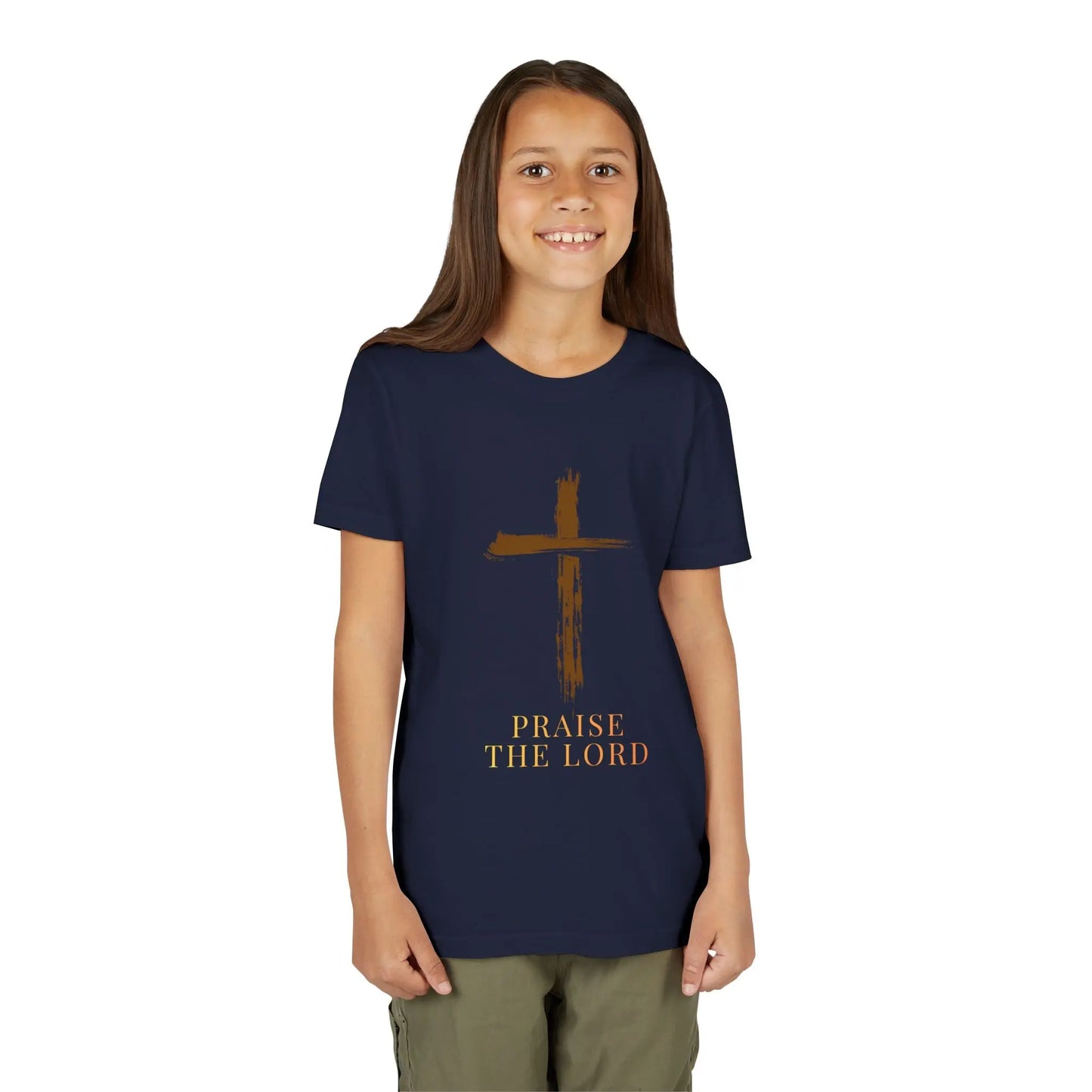 Child wearing aGirl wearing a soft, faith-inspired youth tee featuring a painterly brushstroke cross and "Praise The Lord." Perfect for church, Sunday school, Easter, and everyday Christian wear. Navy