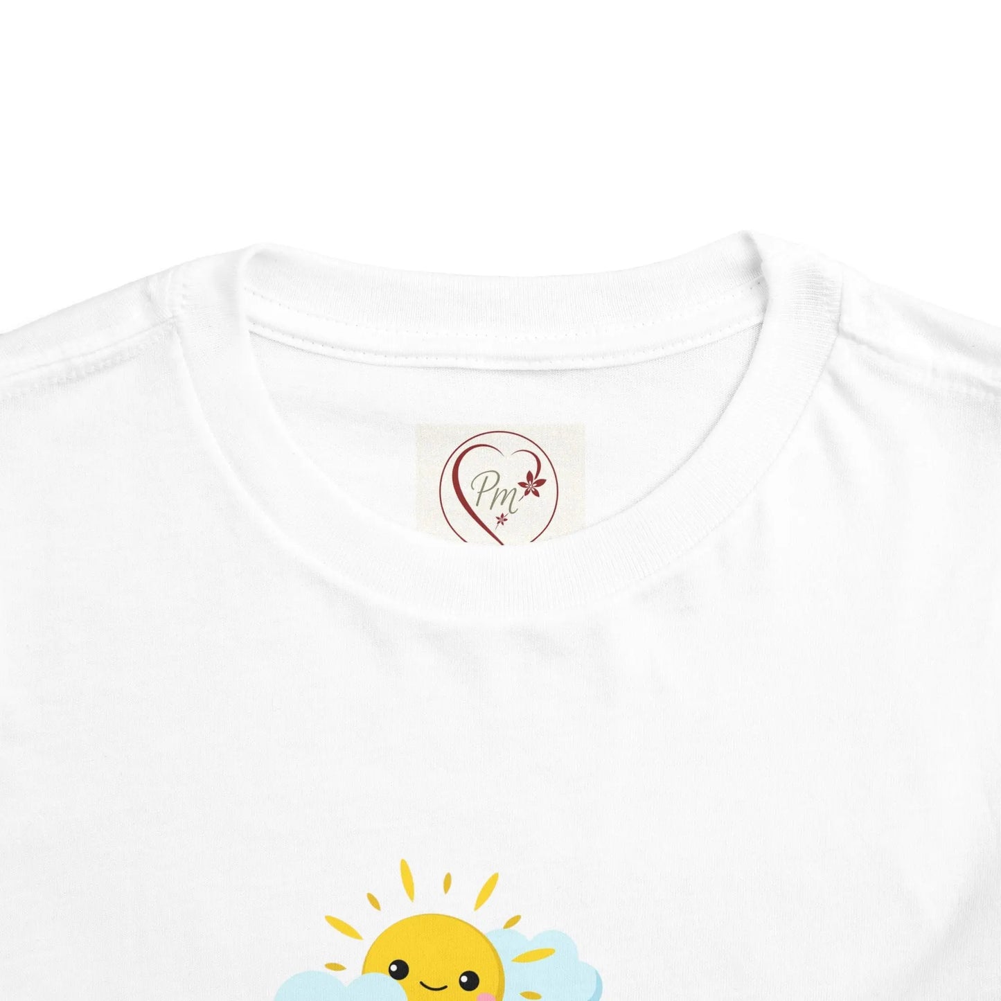 White t-shirt with a sun design and a visible PM Creations 25 logo on a white background
