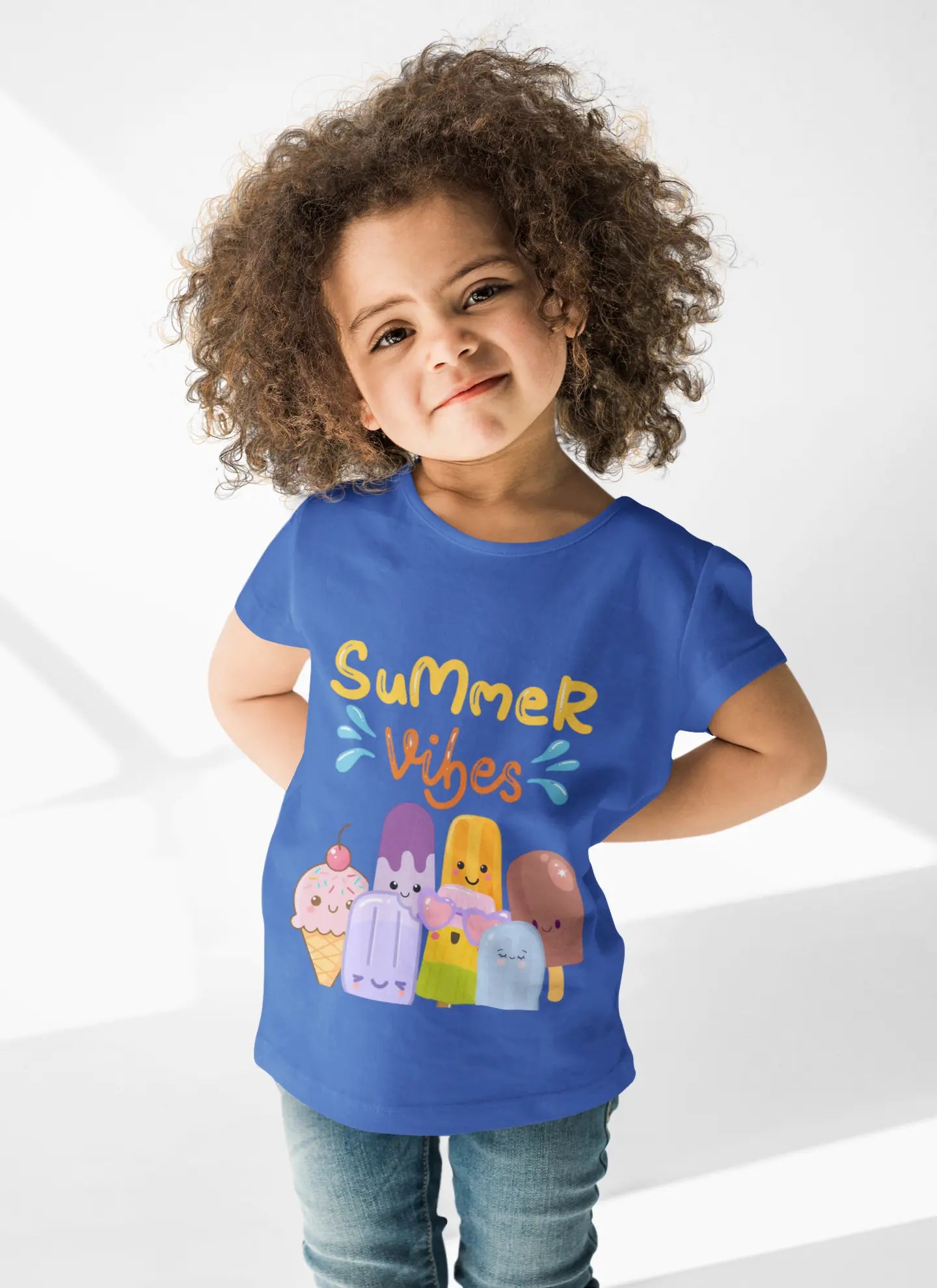 Toddler wearing soft toddler tee with a cheerful popsicle & ice cream Summer Vibes design. Lightweight cotton, sizes 2T–5T. Perfect for summer outings & gifting. True Royal