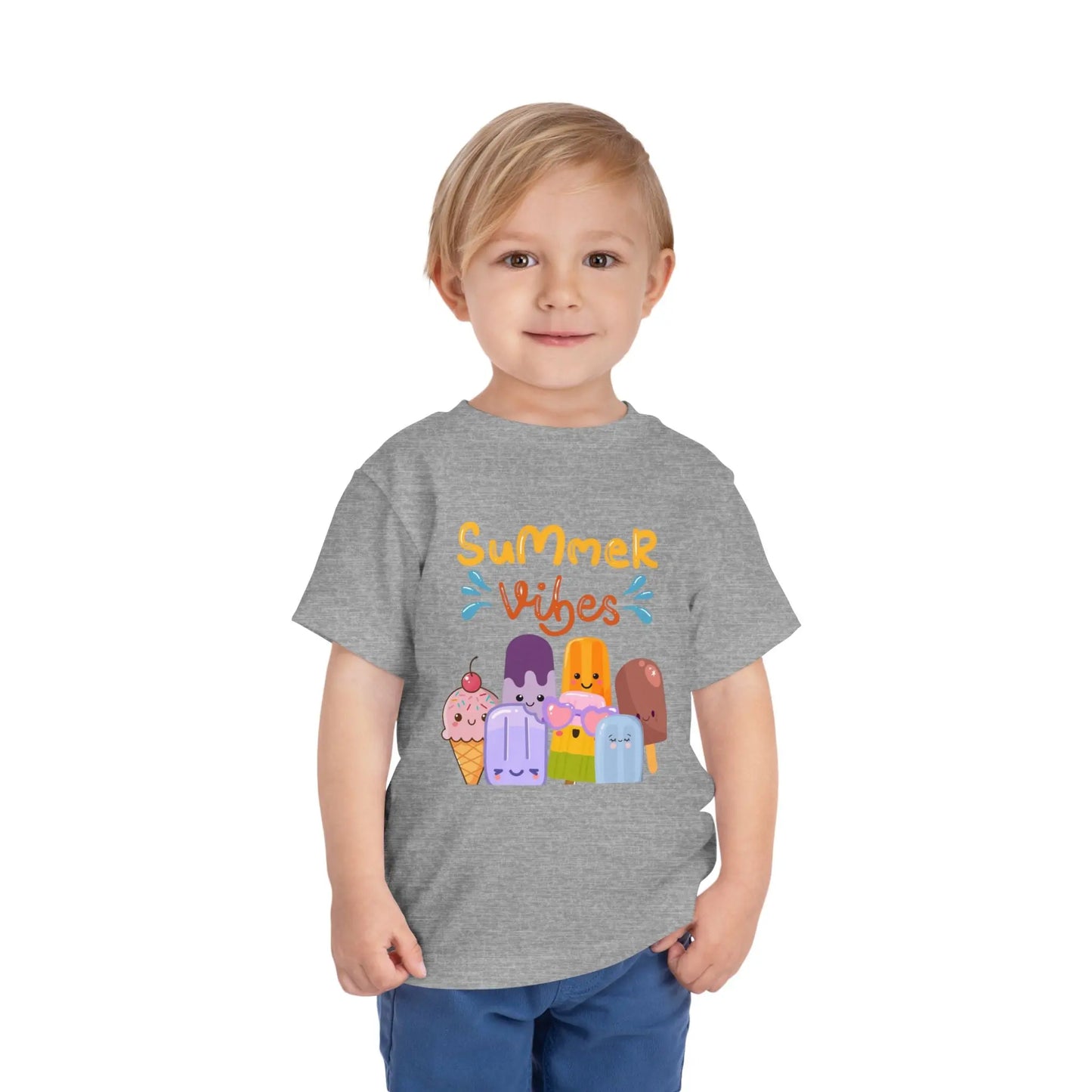Toddler wearing a soft toddler tee with a cheerful popsicle & ice cream Summer Vibes design. Lightweight cotton, sizes 2T–5T. Perfect for summer outings & gifting. Athletic Heather