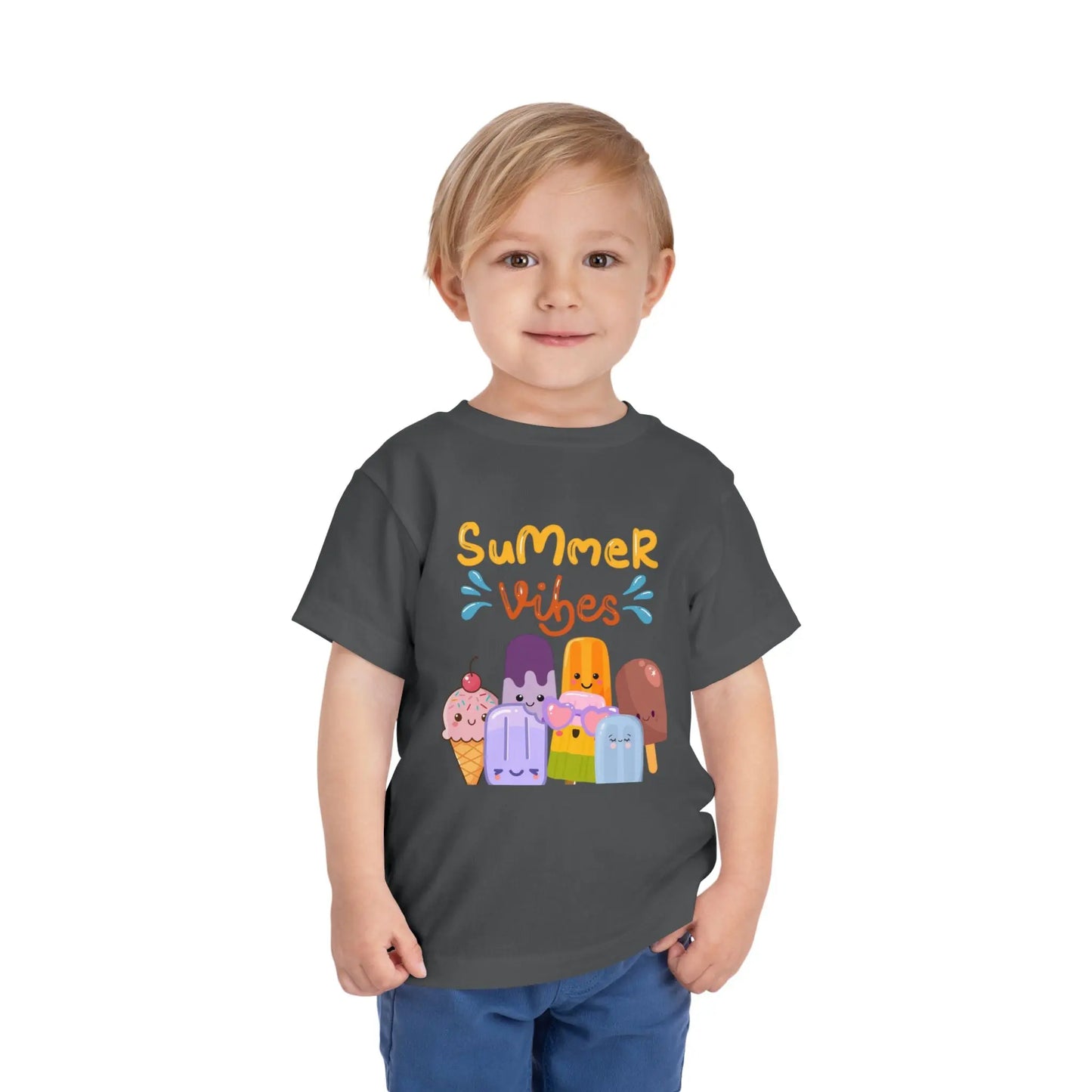 Toddler wearing a soft toddler tee with a cheerful popsicle & ice cream Summer Vibes design. Lightweight cotton, sizes 2T–5T. Perfect for summer outings & gifting.  Asphalt