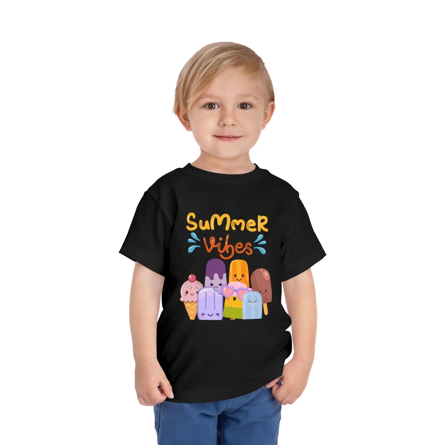 Toddler wearing a soft toddler tee with a cheerful popsicle & ice cream Summer Vibes design. Lightweight cotton, sizes 2T–5T. Perfect for summer outings & gifting. Black