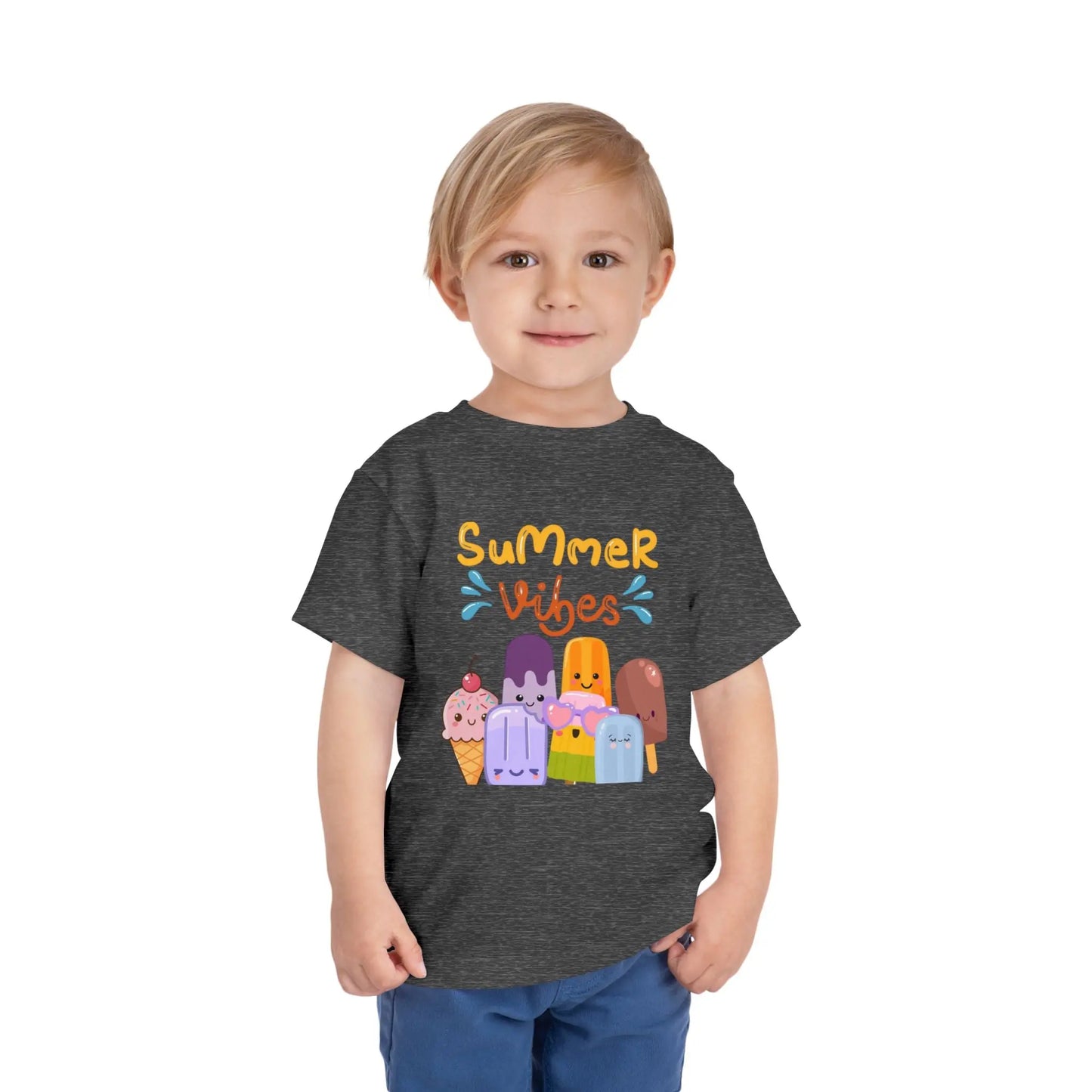 Toddler wearing a soft toddler tee with a cheerful popsicle & ice cream Summer Vibes design. Lightweight cotton, sizes 2T–5T. Perfect for summer outings & gifting.  Deep Heather