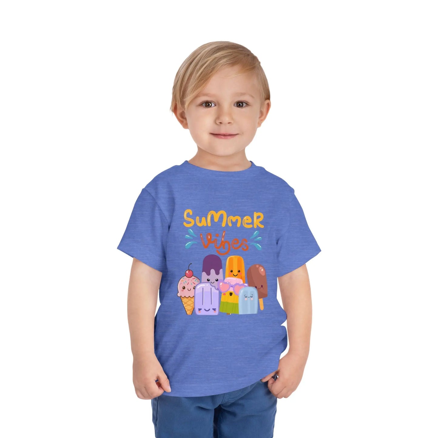 Toddler wearing a soft toddler tee with a cheerful popsicle & ice cream Summer Vibes design. Lightweight cotton, sizes 2T–5T. Perfect for summer outings & gifting. Heather Columbia Blue