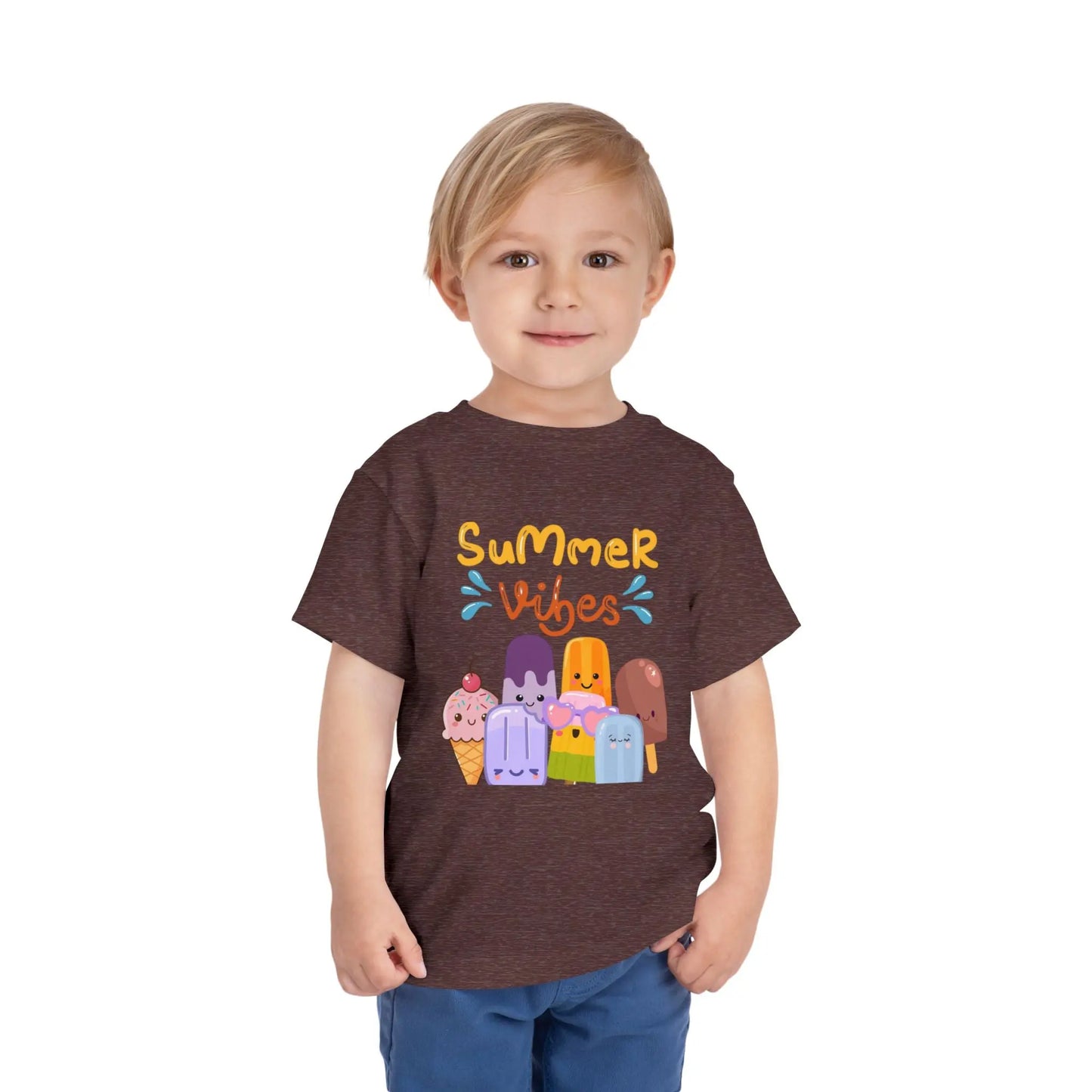 Toddler wearing a soft toddler tee with a cheerful popsicle & ice cream Summer Vibes design. Lightweight cotton, sizes 2T–5T. Perfect for summer outings & gifting.  Heather Maroon