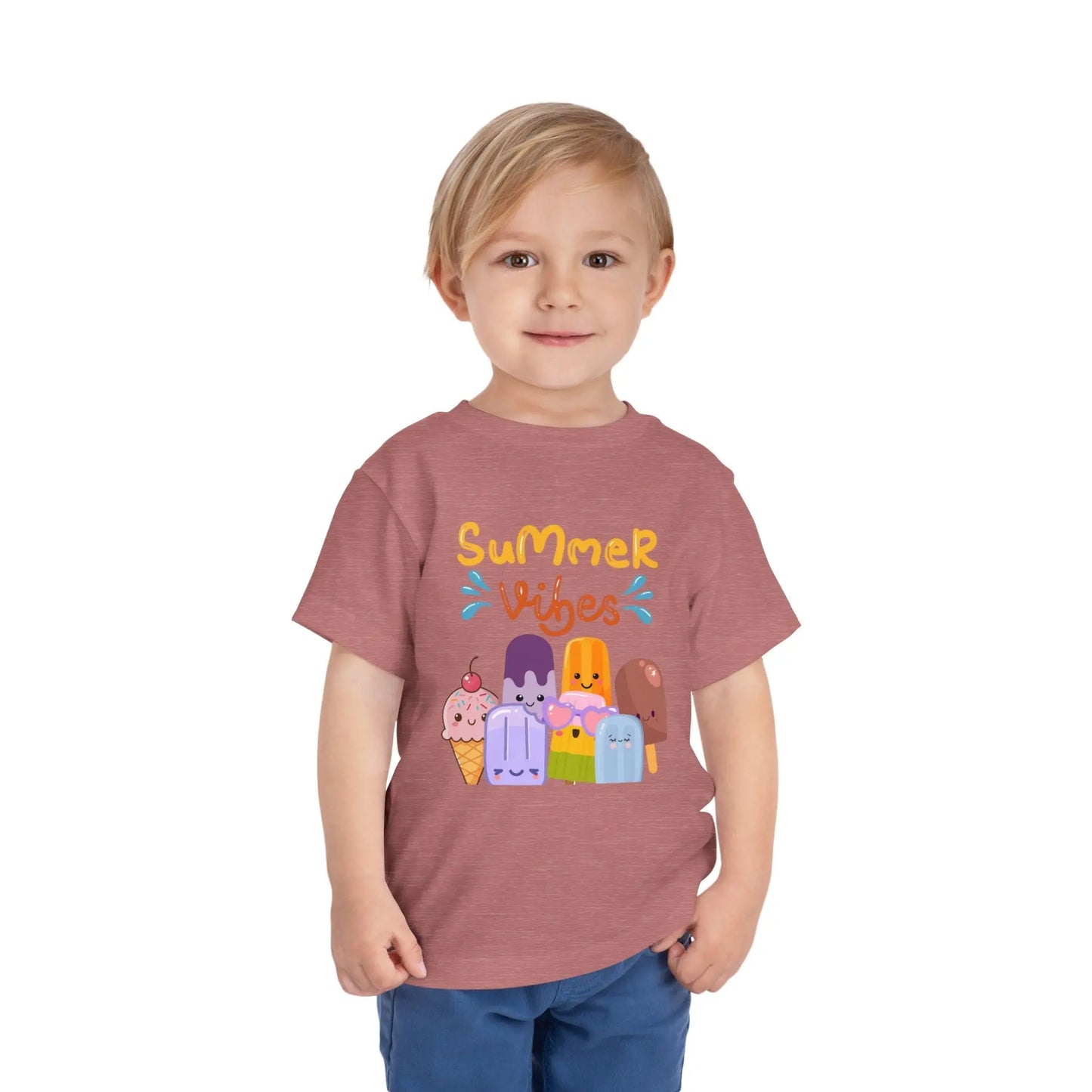 Toddler wearing soft toddler tee with a cheerful popsicle & ice cream Summer Vibes design. Lightweight cotton, sizes 2T–5T. Perfect for summer outings & gifting. Heather Mauve
