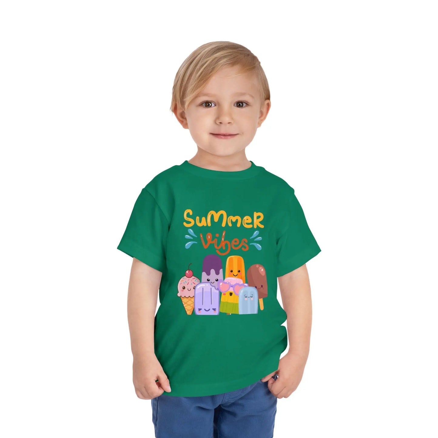 Toddler wearing a soft toddler tee with a cheerful popsicle & ice cream Summer Vibes design. Lightweight cotton, sizes 2T–5T. Perfect for summer outings & gifting.  Kelly Green