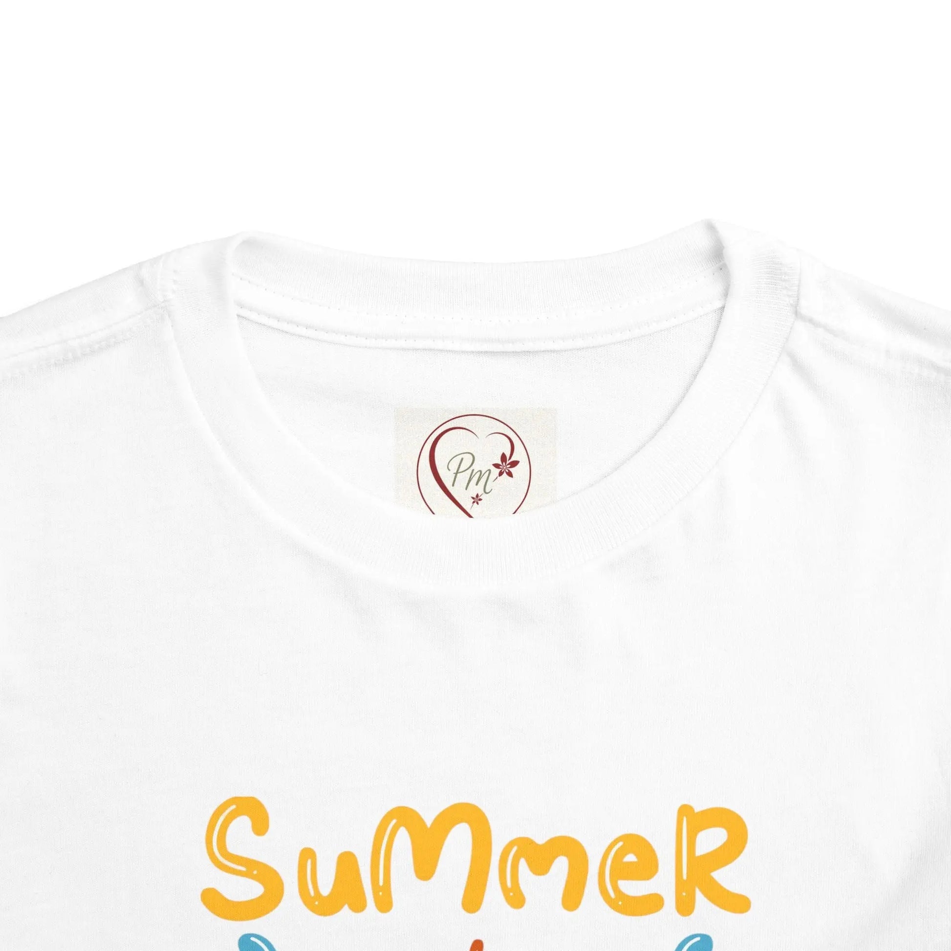 White t-shirt with 'Summer' text and a PM Creations 25 logo on a white background