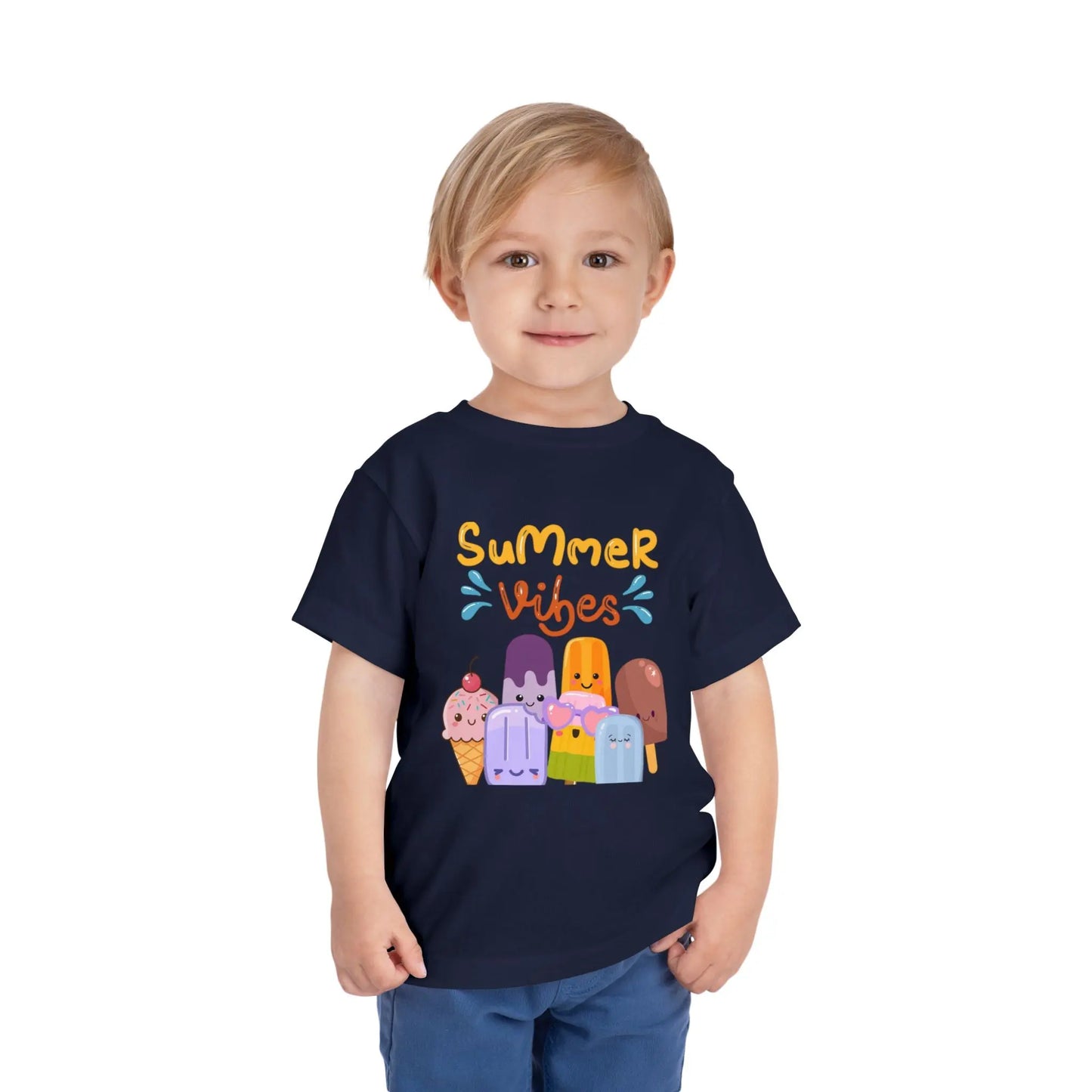 Toddler wearing a soft toddler tee with a cheerful popsicle & ice cream Summer Vibes design. Lightweight cotton, sizes 2T–5T. Perfect for summer outings & gifting. Navy