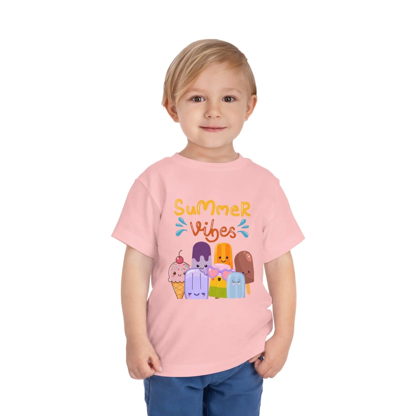 Toddler Wearing a soft toddler tee with a cheerful popsicle & ice cream Summer Vibes design. Lightweight cotton, sizes 2T–5T. Perfect for summer outings & gifting. Pink