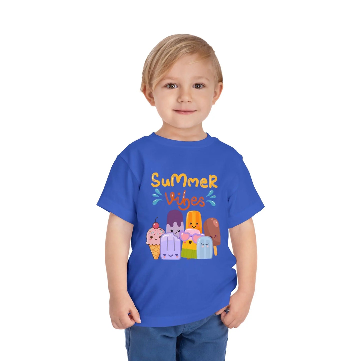 Toddler wearing a soft toddler tee with a cheerful popsicle & ice cream Summer Vibes design. Lightweight cotton, sizes 2T–5T. Perfect for summer outings & gifting. True Royal