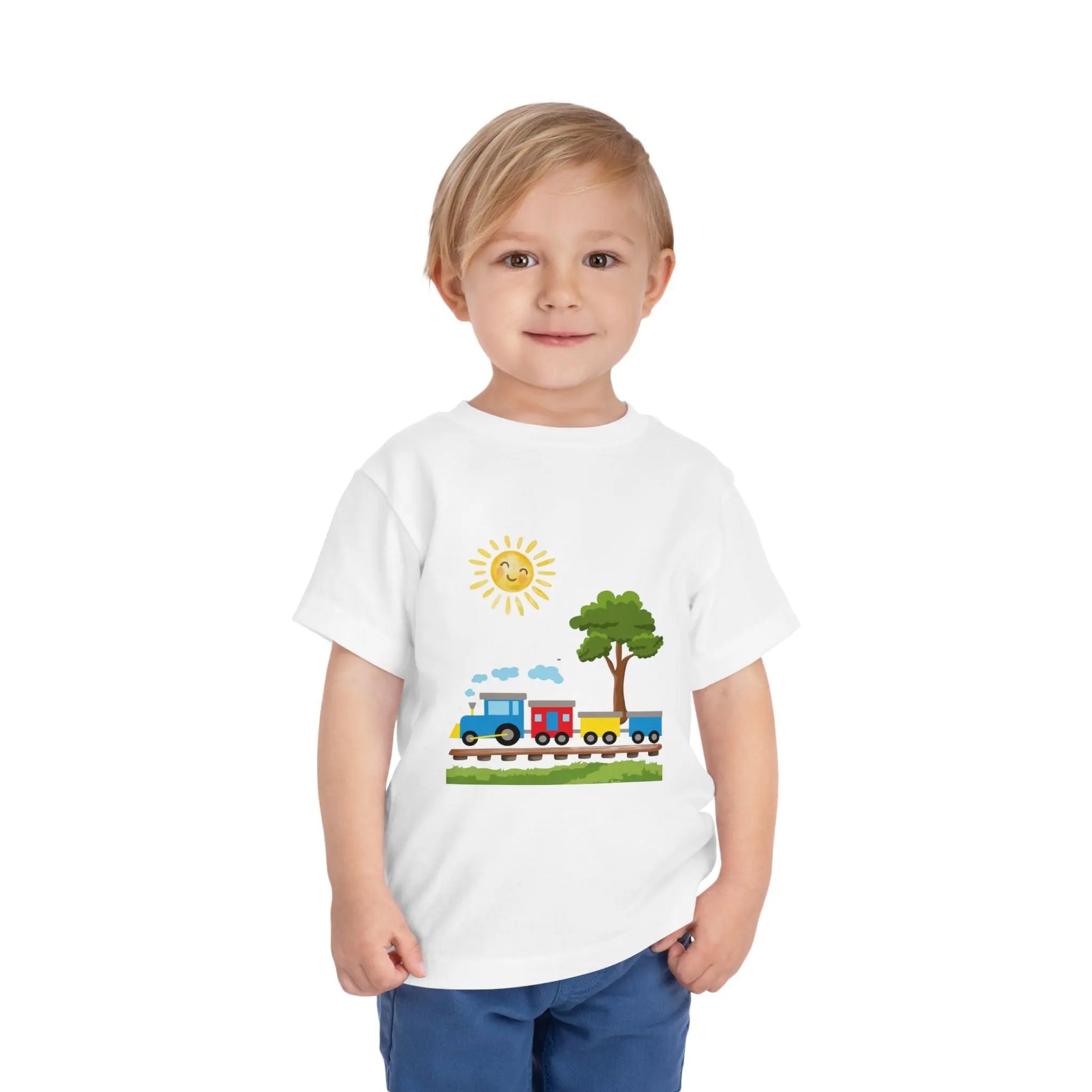 All aboard! This sunny train graphic toddler tee is perfect for little train lovers. Soft, bright, and ready for every adventure. Sizes 2T–5T.
White