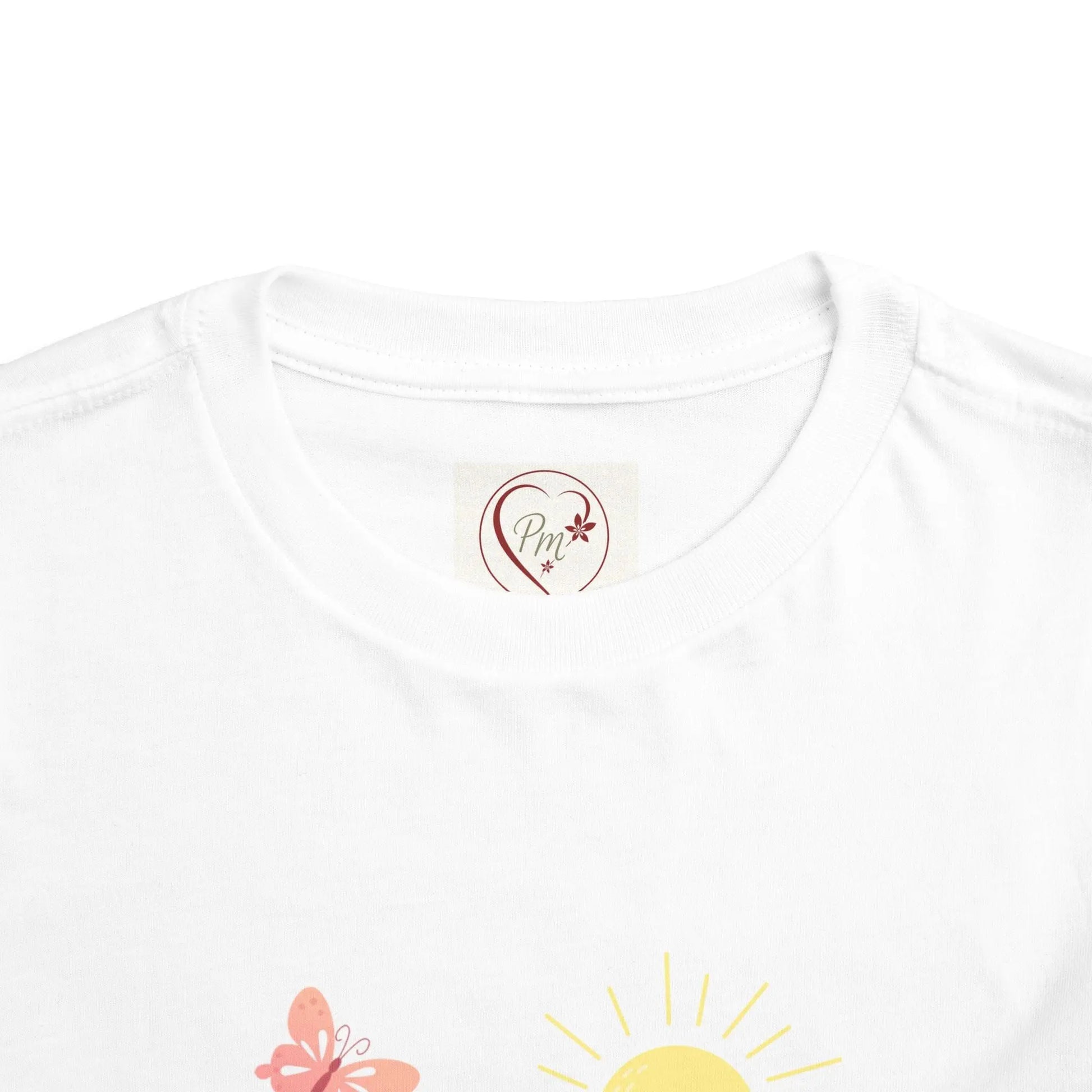 White t-shirt with a heart-shaped PM Creations 25 logo and butterfly design on a white background