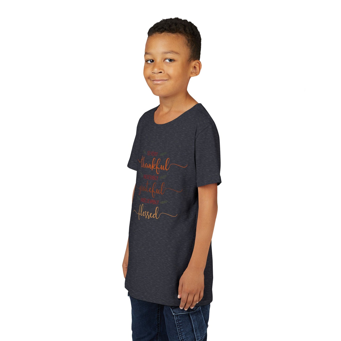 Youth wearing a heartfelt youth tee with "Thankful, Grateful, Blessed" message. Soft cotton, perfect for Thanksgiving, family photos, and everyday gratitude. Inspirational kids' clothing. Heather Navy