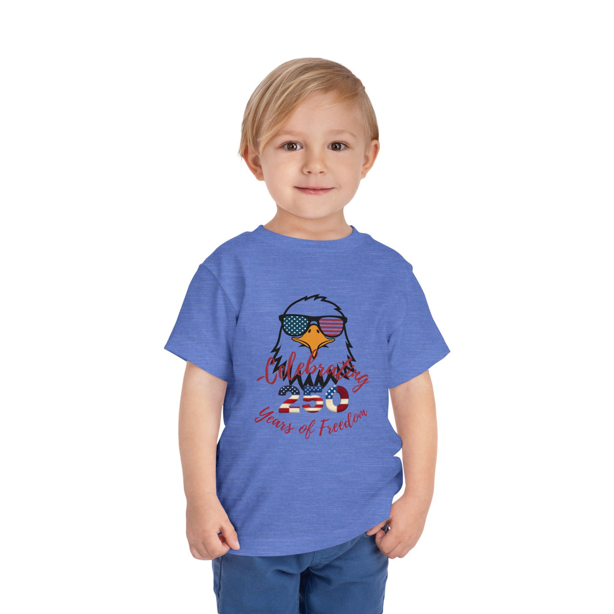 Celebrate America's 250th birthday in style! This soft Bella Canvas toddler tee features a patriotic eagle in American-flag sunglasses. Perfect for 4th of July parades, cookouts & fireworks. Sizes 2T–5T. Heather Columbia Blue