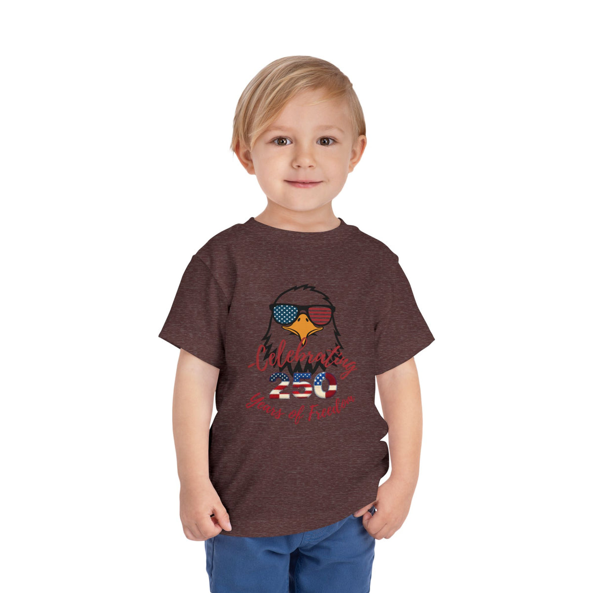 Celebrate America's 250th birthday in style! This soft Bella Canvas toddler tee features a patriotic eagle in American-flag sunglasses. Perfect for 4th of July parades, cookouts & fireworks. Sizes 2T–5T. Heather Maroon