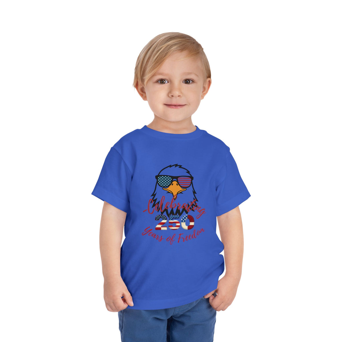 Celebrate America's 250th birthday in style! This soft Bella Canvas toddler tee features a patriotic eagle in American-flag sunglasses. Perfect for 4th of July parades, cookouts & fireworks. Sizes 2T–5T. True Royal