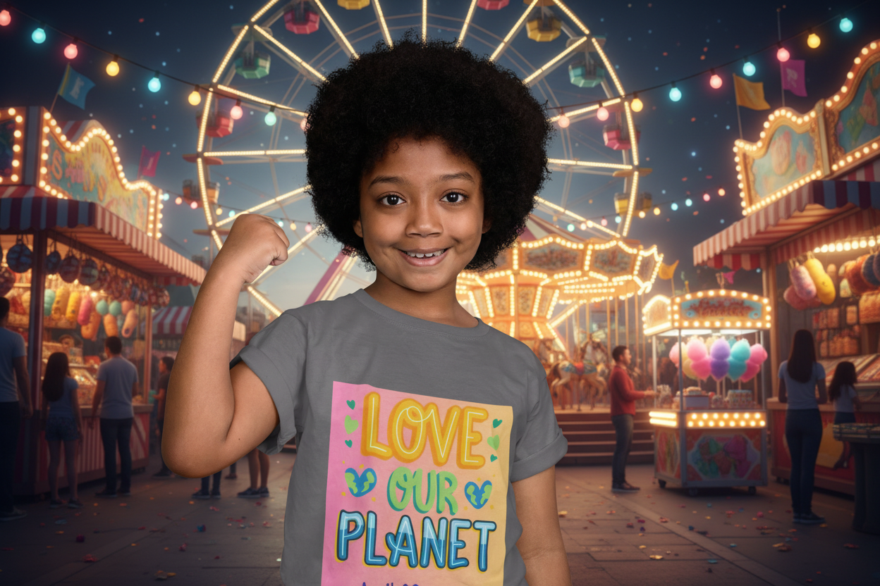 Toddler wearing Love Our Planet tee with hand-drawn lettering and heart leaf design, Asphalt
