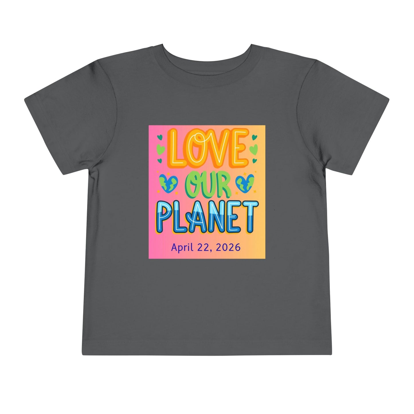 Soft cotton toddler tee with Love Our Planet message, hearts, and leaves. Perfect for Earth Day 2026 celebrations and eco-friendly kids. Sizes 2T-5T.
Asphalt