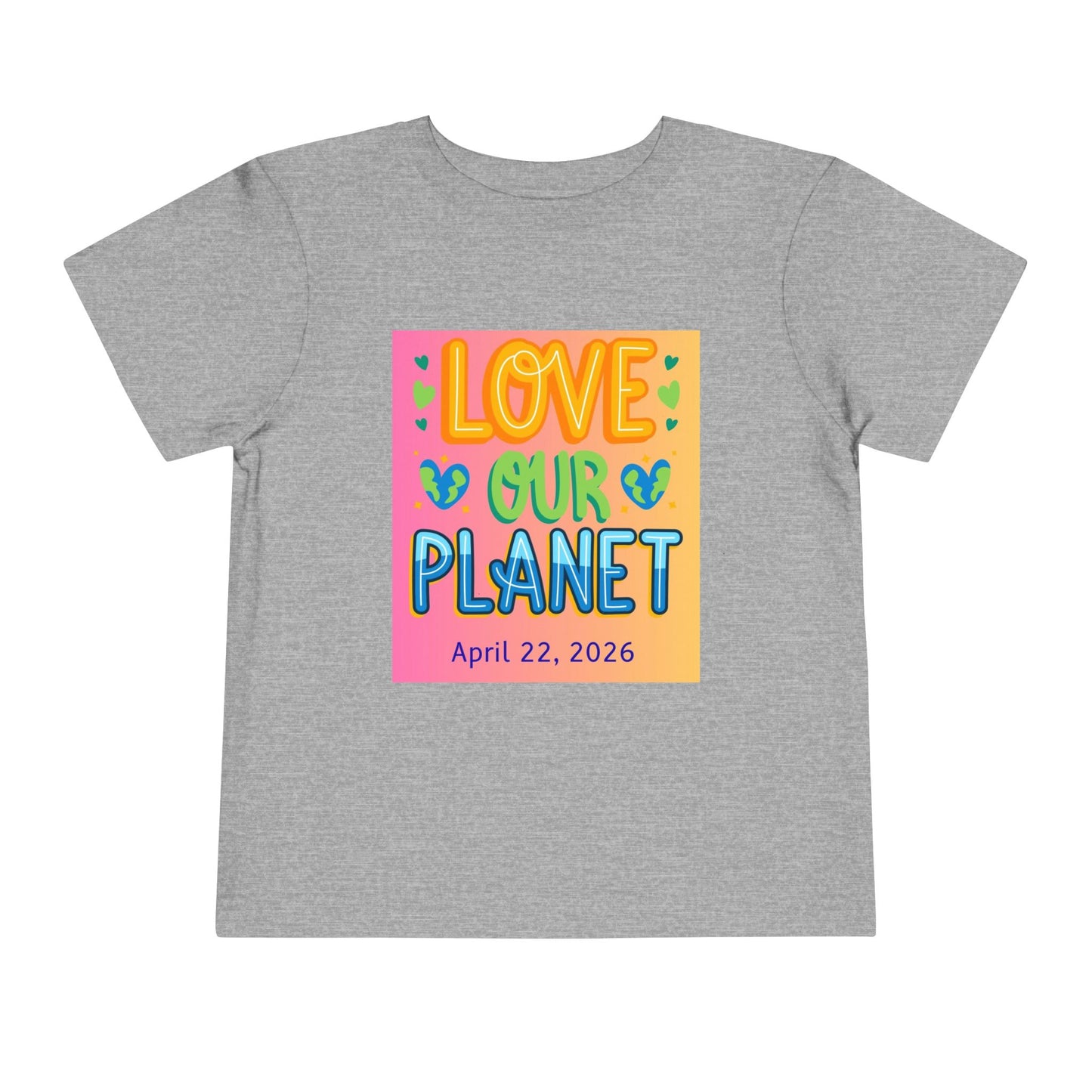 Soft cotton toddler tee with Love Our Planet message, hearts, and leaves. Perfect for Earth Day 2026 celebrations and eco-friendly kids. Sizes 2T-T.
Athletic heather