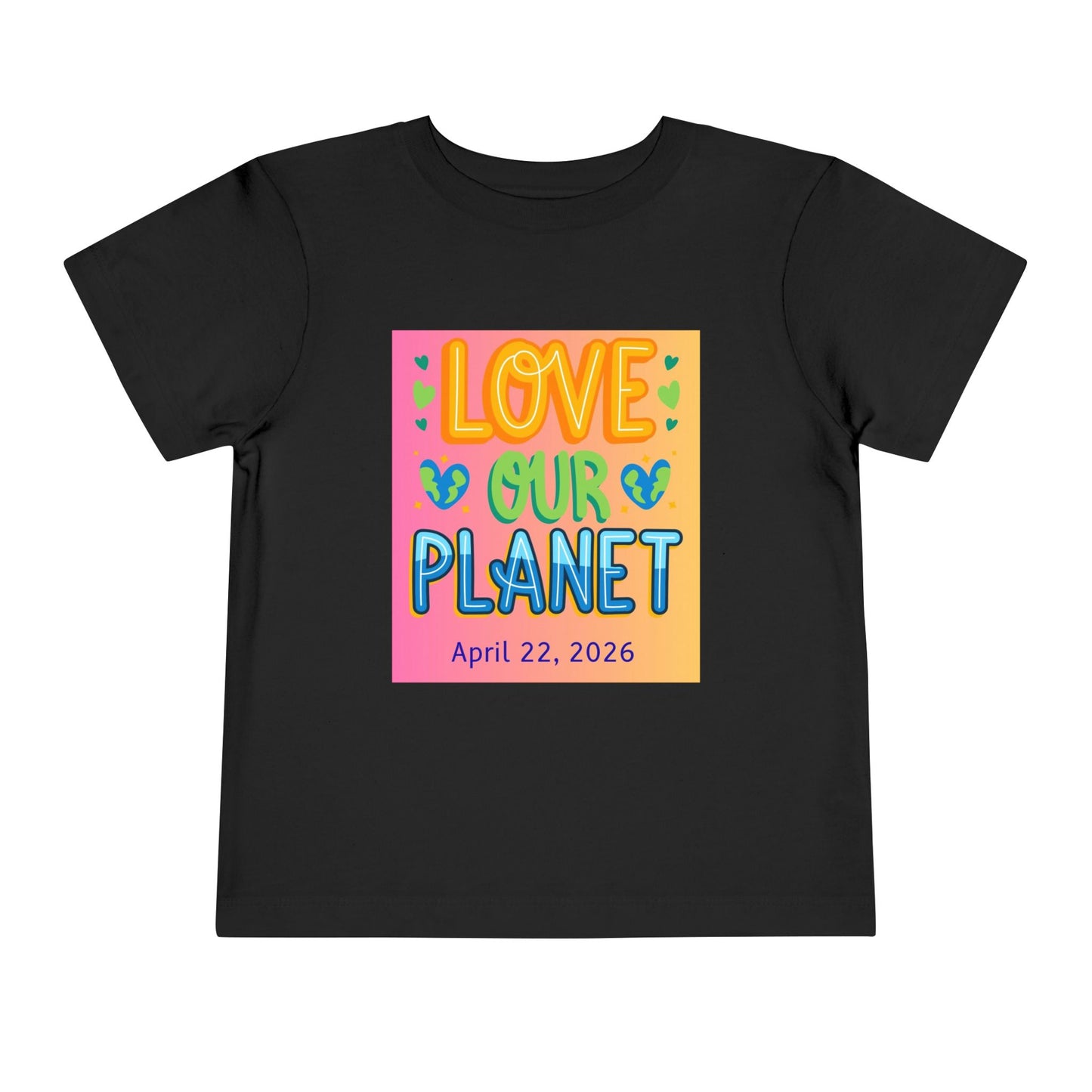 Soft cotton toddler tee with Love Our Planet message, hearts, and leaves. Perfect for Earth Day 2026 celebrations and eco-friendly kids. Sizes 2T-5T.
Black
