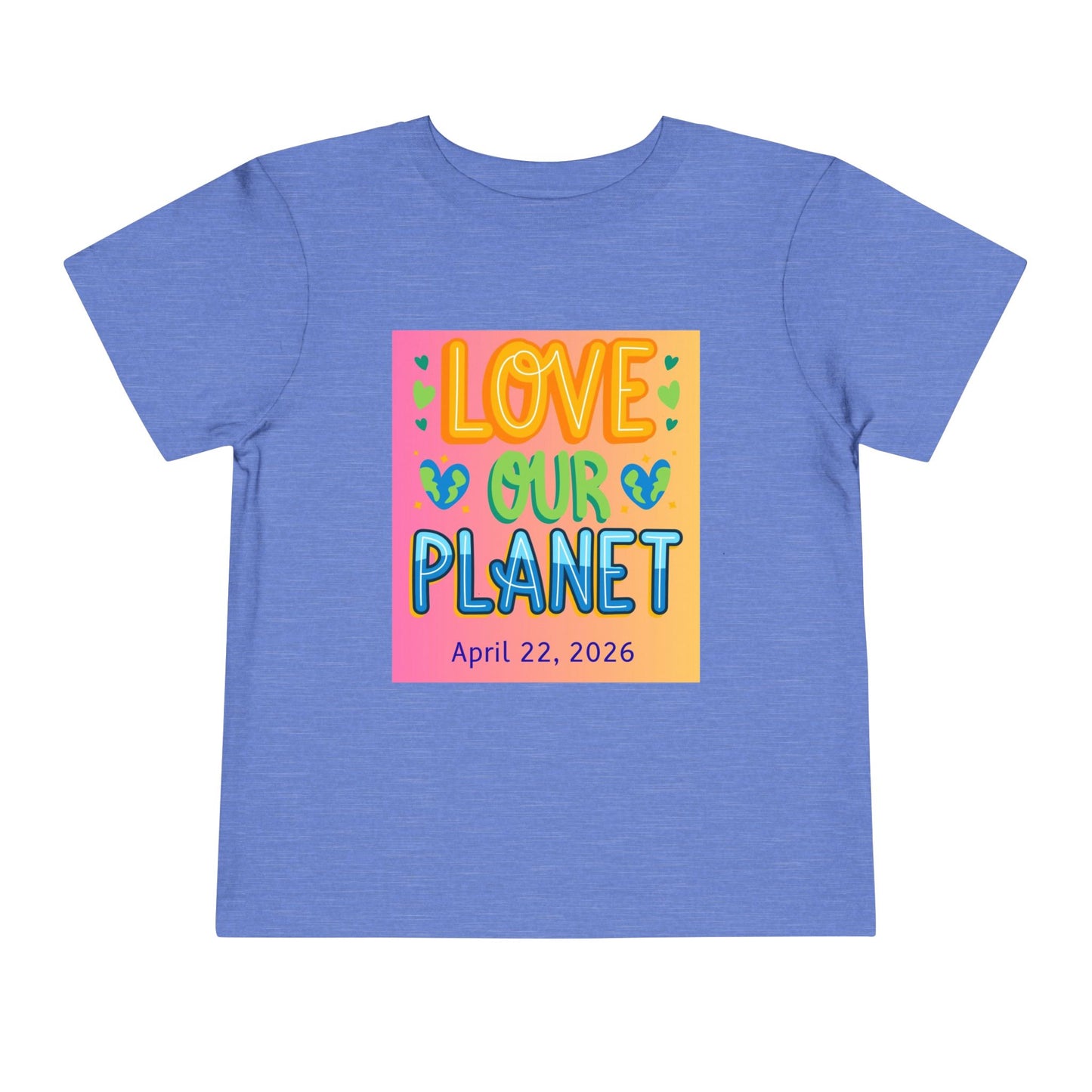 Soft cotton toddler tee with Love Our Planet message, hearts, and leaves. Perfect for Earth Day 2026 celebrations and eco-friendly kids. Sizes 2T-5T.
Heather Columbia Blue