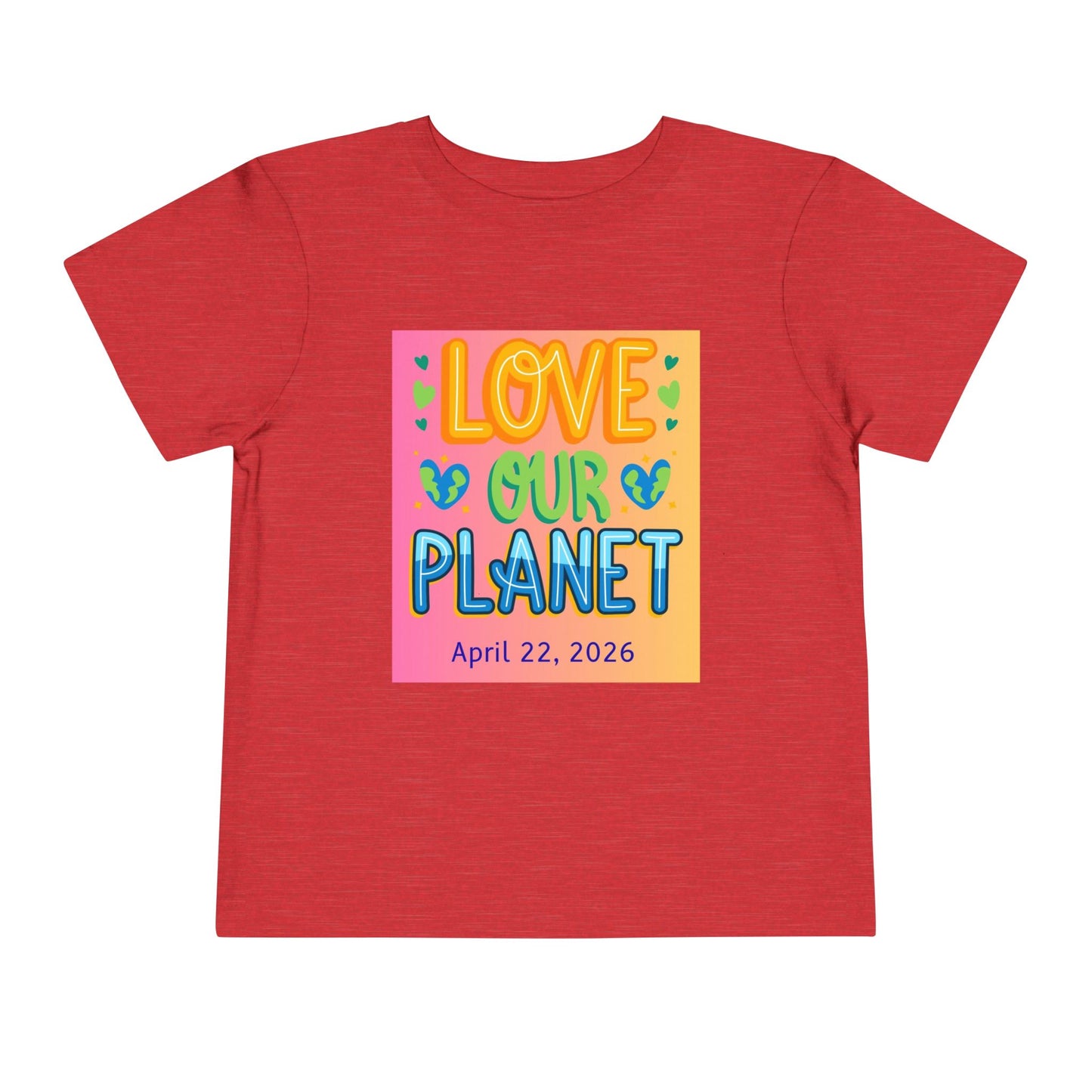 Soft cotton toddler tee with Love Our Planet message, hearts, and leaves. Perfect for Earth Day 2026 celebrations and eco-friendly kids. Sizes 2T-5T.
Heather Red