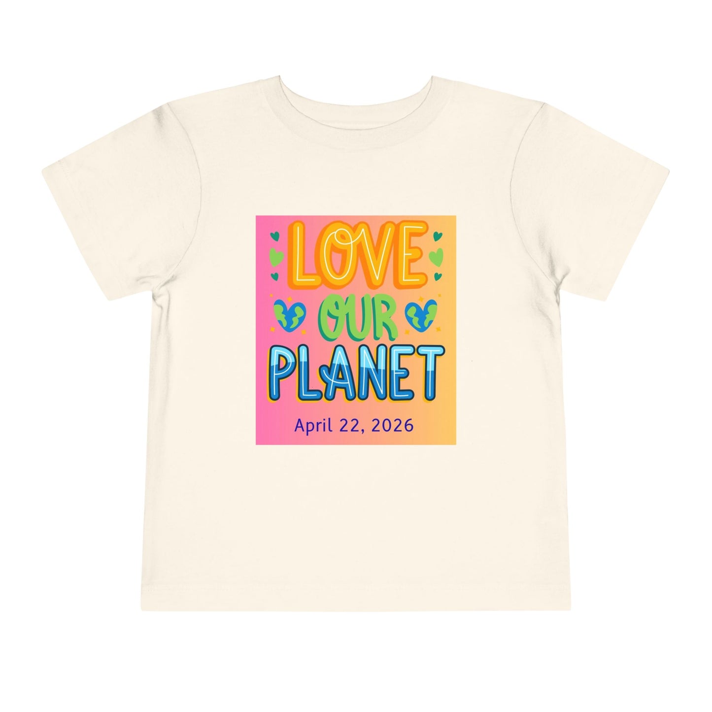 Soft cotton toddler tee with Love Our Planet message, hearts, and leaves. Perfect for Earth Day 2026 celebrations and eco-friendly kids. Sizes 2T-5T.
Natural