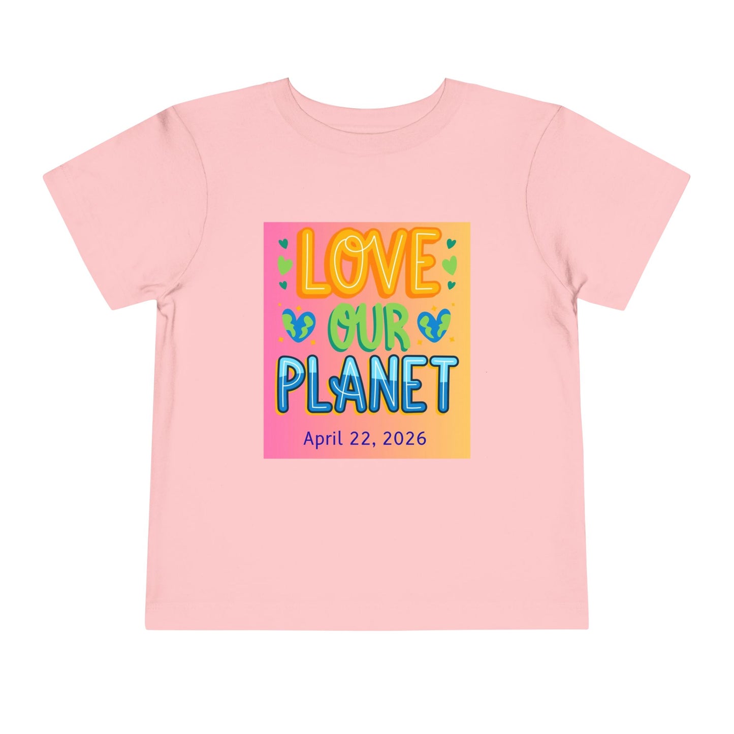 Soft cotton toddler tee with Love Our Planet message, hearts, and leaves. Perfect for Earth Day 2026 celebrations and eco-friendly kids. Sizes 2T-5T.
Pink