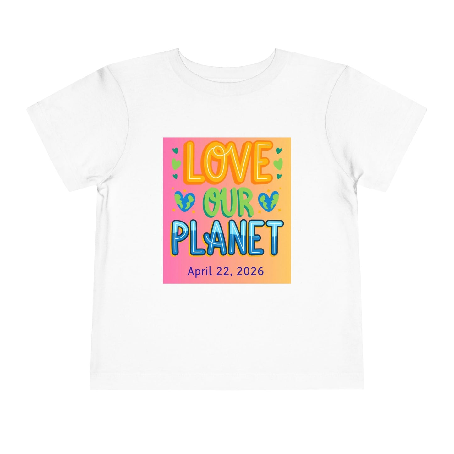 Soft cotton toddler tee with Love Our Planet message, hearts, and leaves. Perfect for Earth Day 2026 celebrations and eco-friendly kids. Sizes 2T-5T.
White