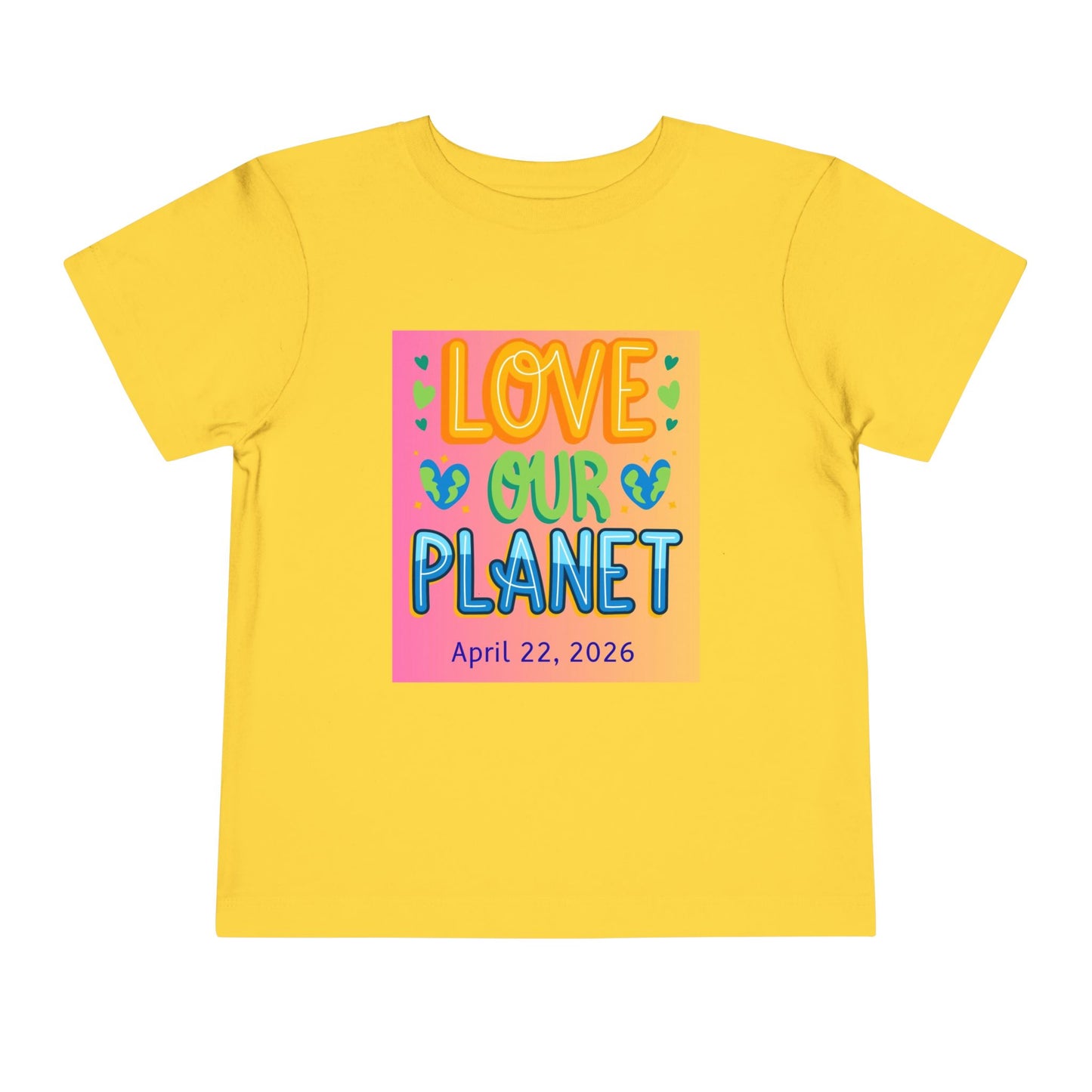 Soft cotton toddler tee with Love Our Planet message, hearts, and leaves. Perfect for Earth Day 2026 celebrations and eco-friendly kids. Sizes 2T-5T.
Yellow