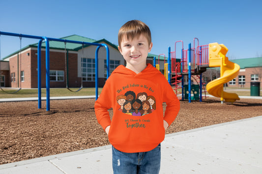 Toddler wearing hoodie with multicultural children and The Best Future message, Orange
