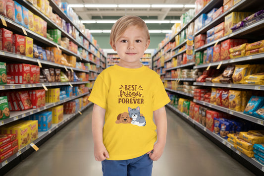 Toddler t-shirt – Bella + Canvas 3001T – yellow – “Best Friends Forever” puppy and kitten graphic – cute animal friendship toddler tee – soft cotton shirt – sizes 2T–5T - Heather Yellow Gold-– CREATIONS25
