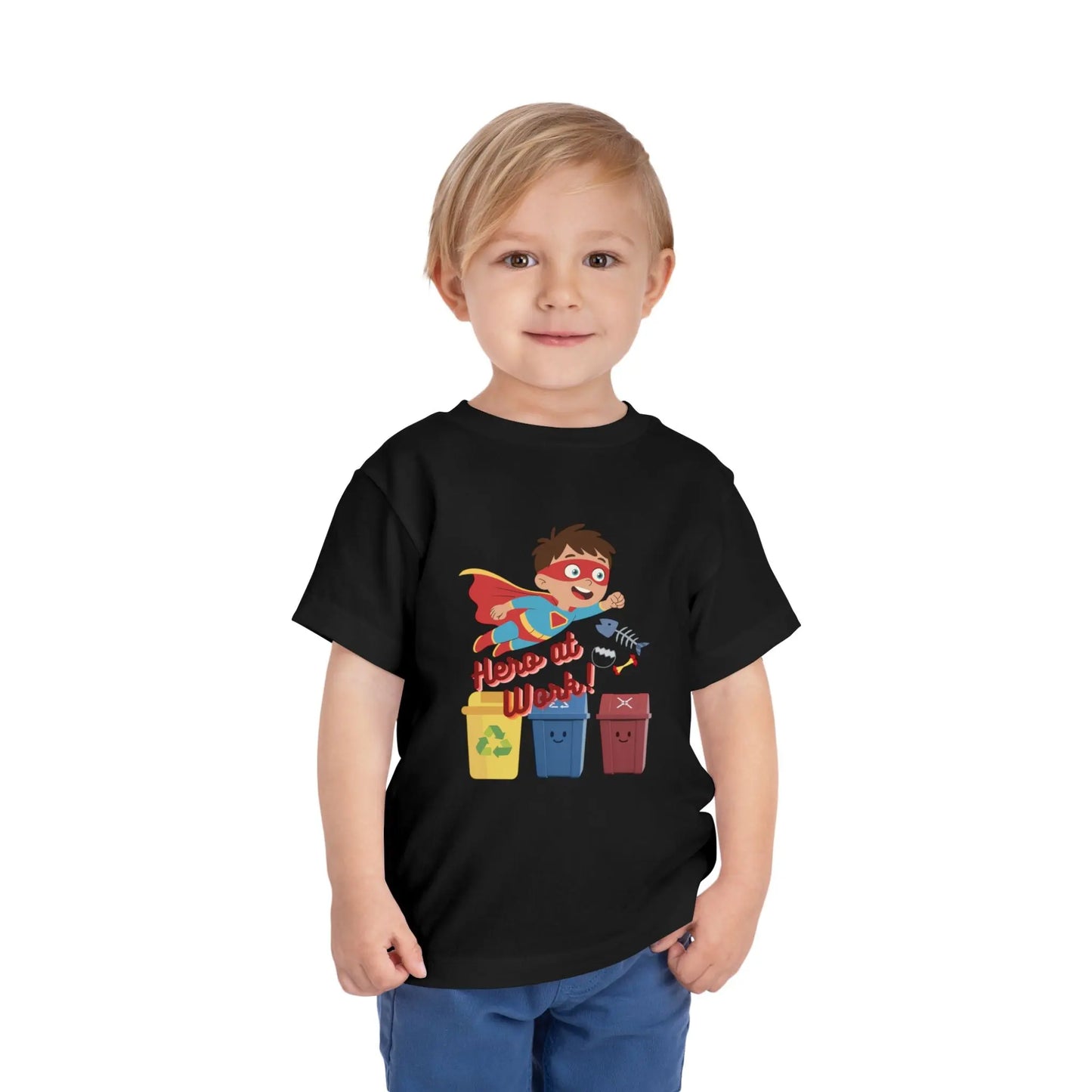 Toddler wearing these inspiring little eco-heroes with this playful toddler recycling shirt. Soft, durable cotton tee featuring a caped superhero sorting bin. Perfect for Earth Day, preschool, and everyday adventures. Black