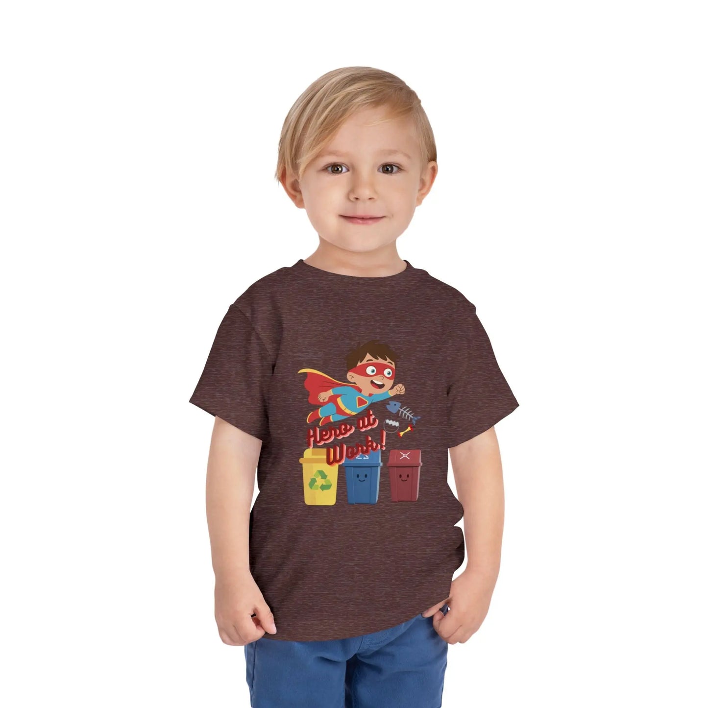 Toddler wearing these inspiring little eco-heroes with this playful toddler recycling shirt. Soft, durable cotton tee featuring a caped superhero sorting bin. Perfect for Earth Day, preschool, and everyday adventures. Heather Maroon
