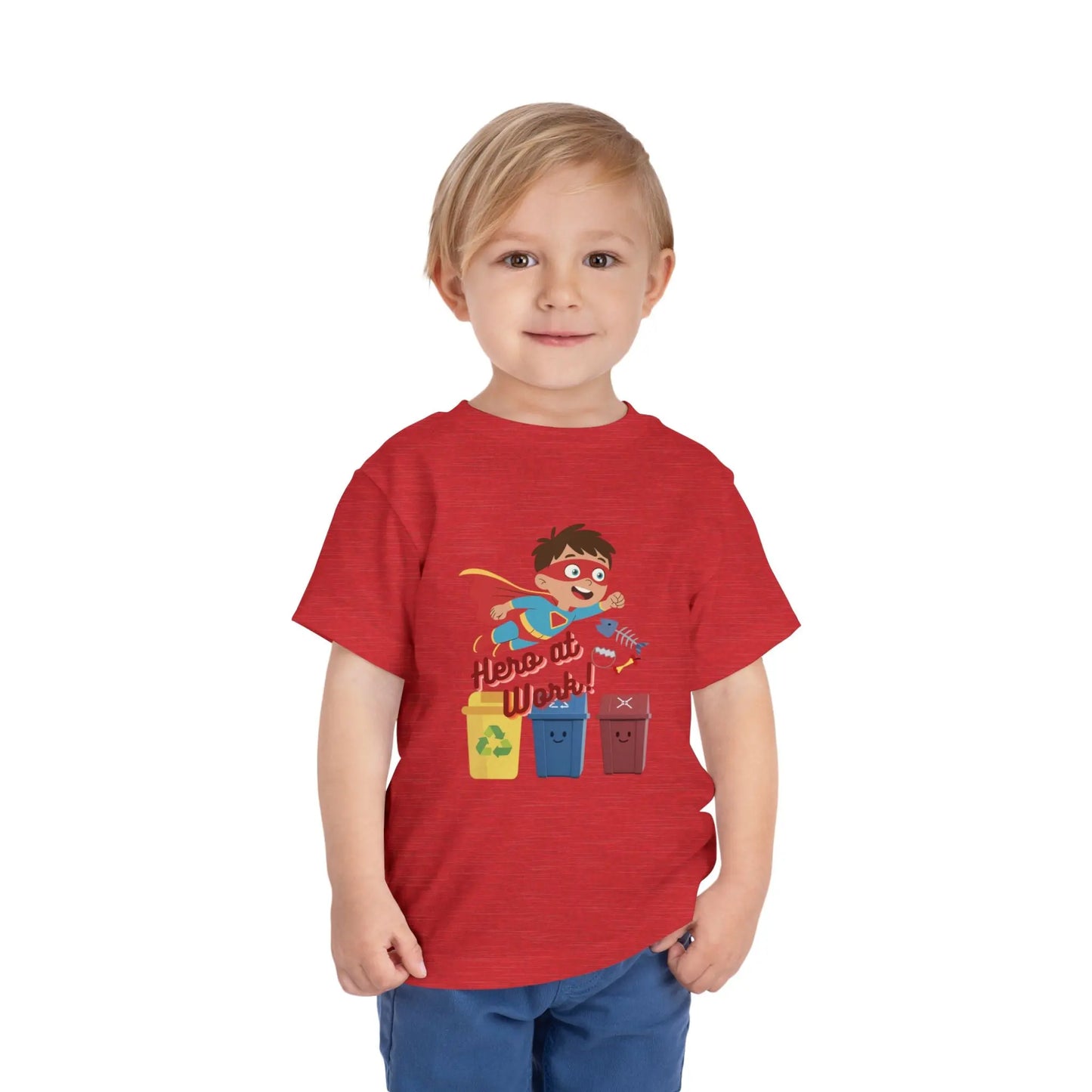 Toddler wearing these inspiring little eco-heroes with this playful toddler recycling shirt. Soft, durable cotton tee featuring a caped superhero sorting bin. Perfect for Earth Day, preschool, and everyday adventures. Heather Red