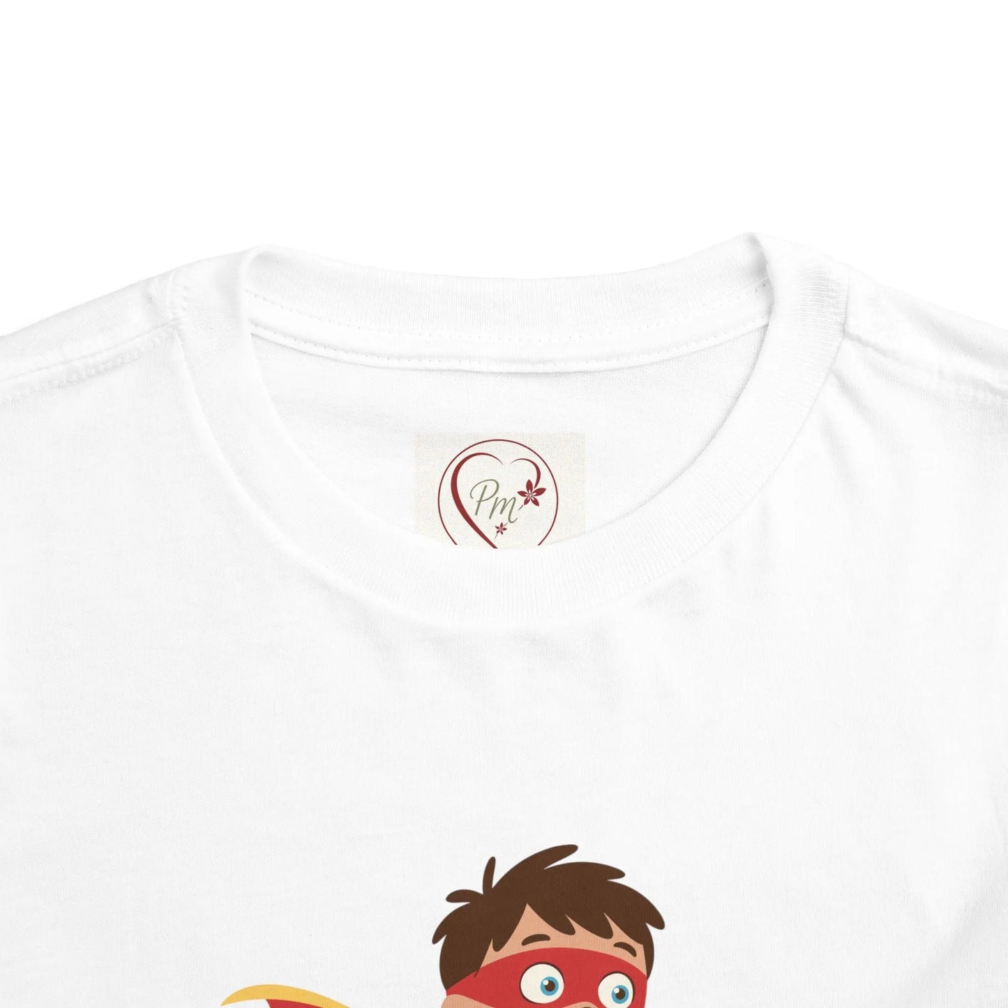 White t-shirt with a PM Creations 25 logo and cartoon character on a white background