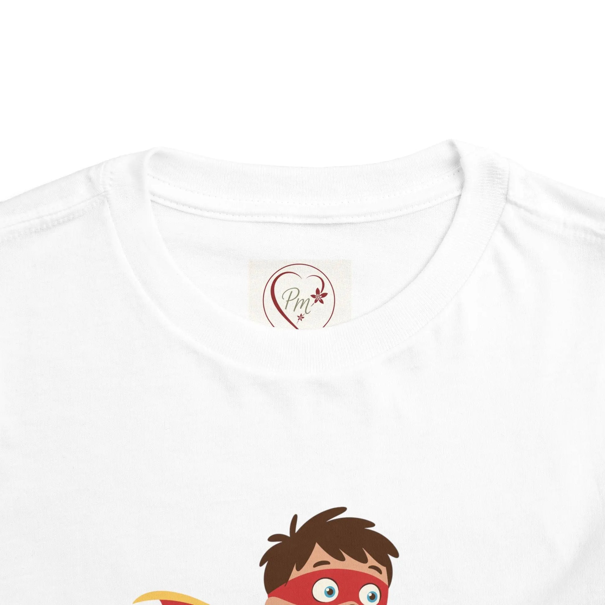 White t-shirt with a PM Creations 25 logo and cartoon character on a white background
