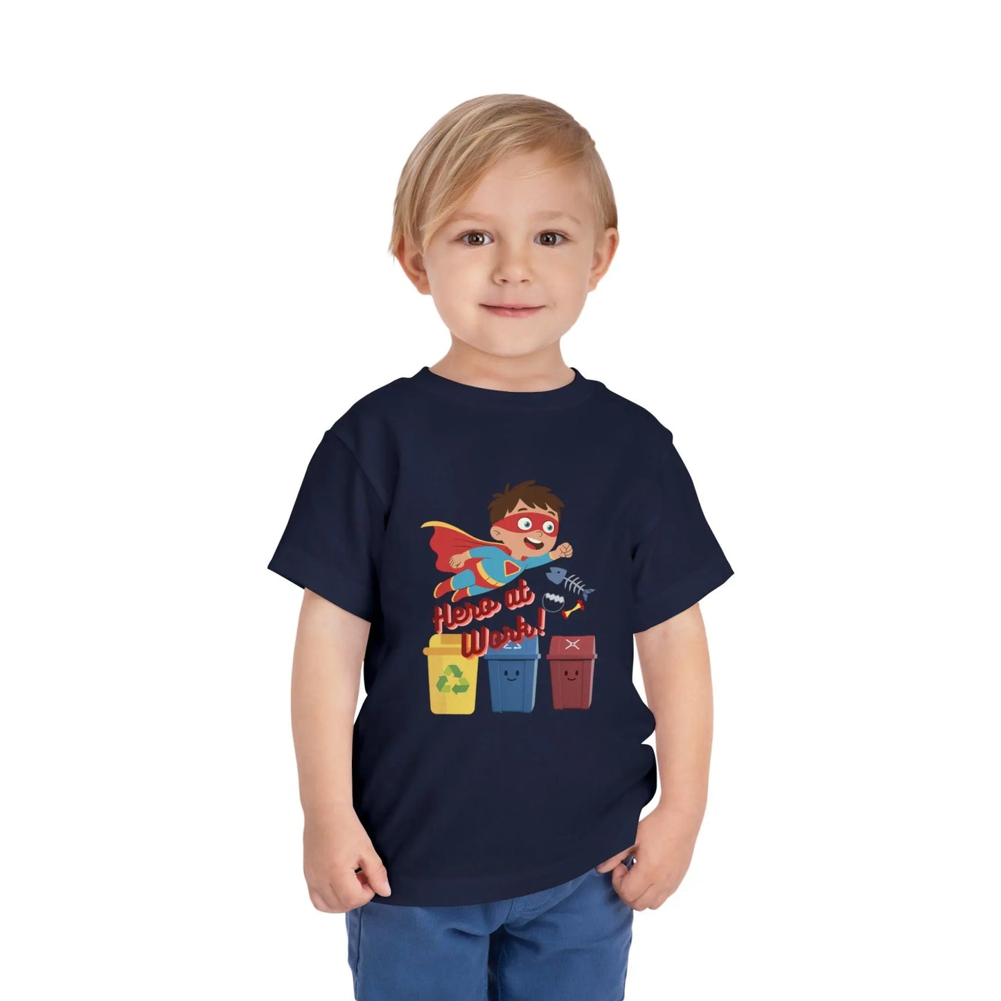 Toddler wearing these inspiring little eco-heroes with this playful toddler recycling shirt. Soft, durable cotton tee featuring a caped superhero sorting bin. Perfect for Earth Day, preschool, and everyday adventures. Navy