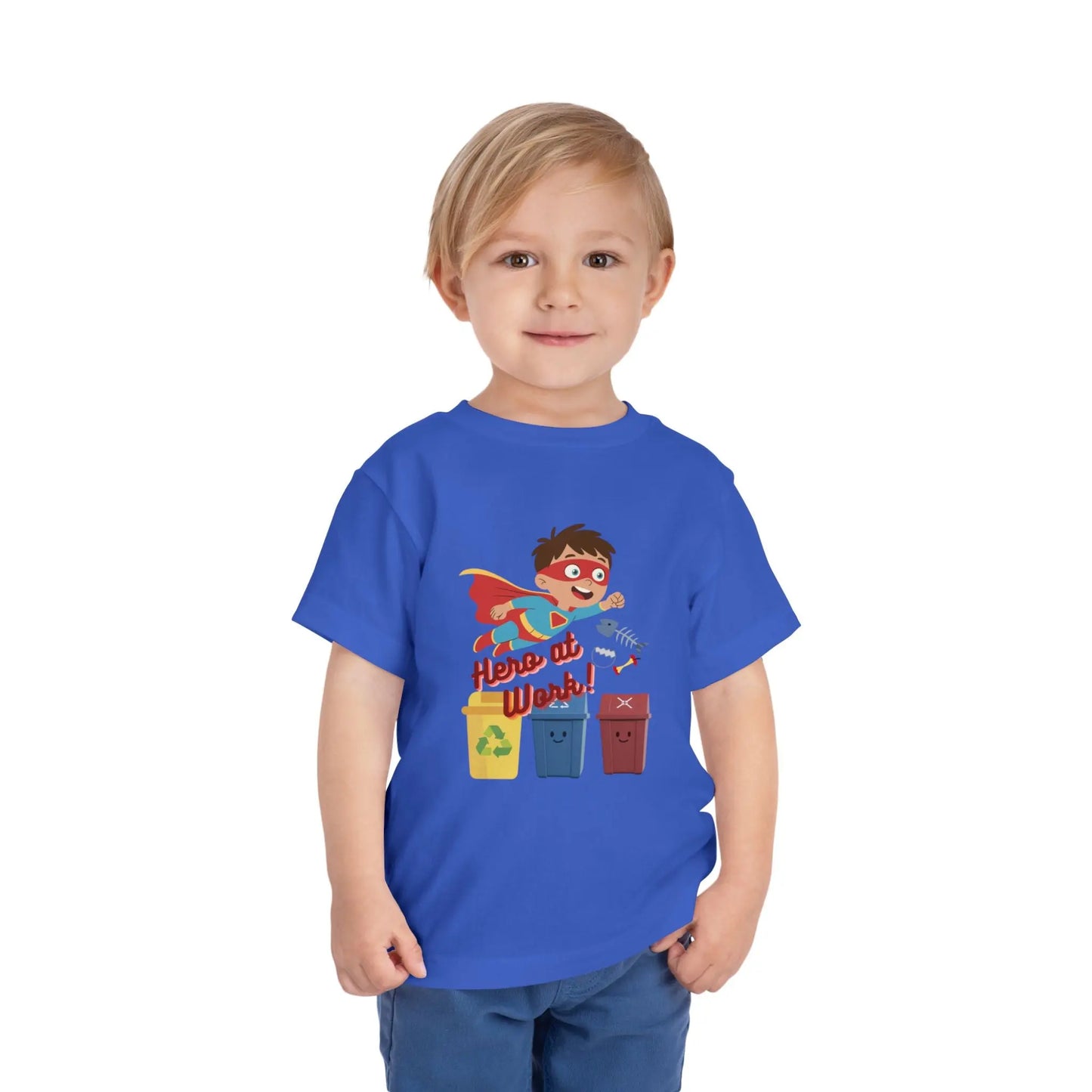 Toddler wearing these inspiring little eco-heroes with this playful toddler recycling shirt. Soft, durable cotton tee featuring a caped superhero sorting bin. Perfect for Earth Day, preschool, and everyday adventures. True Royal