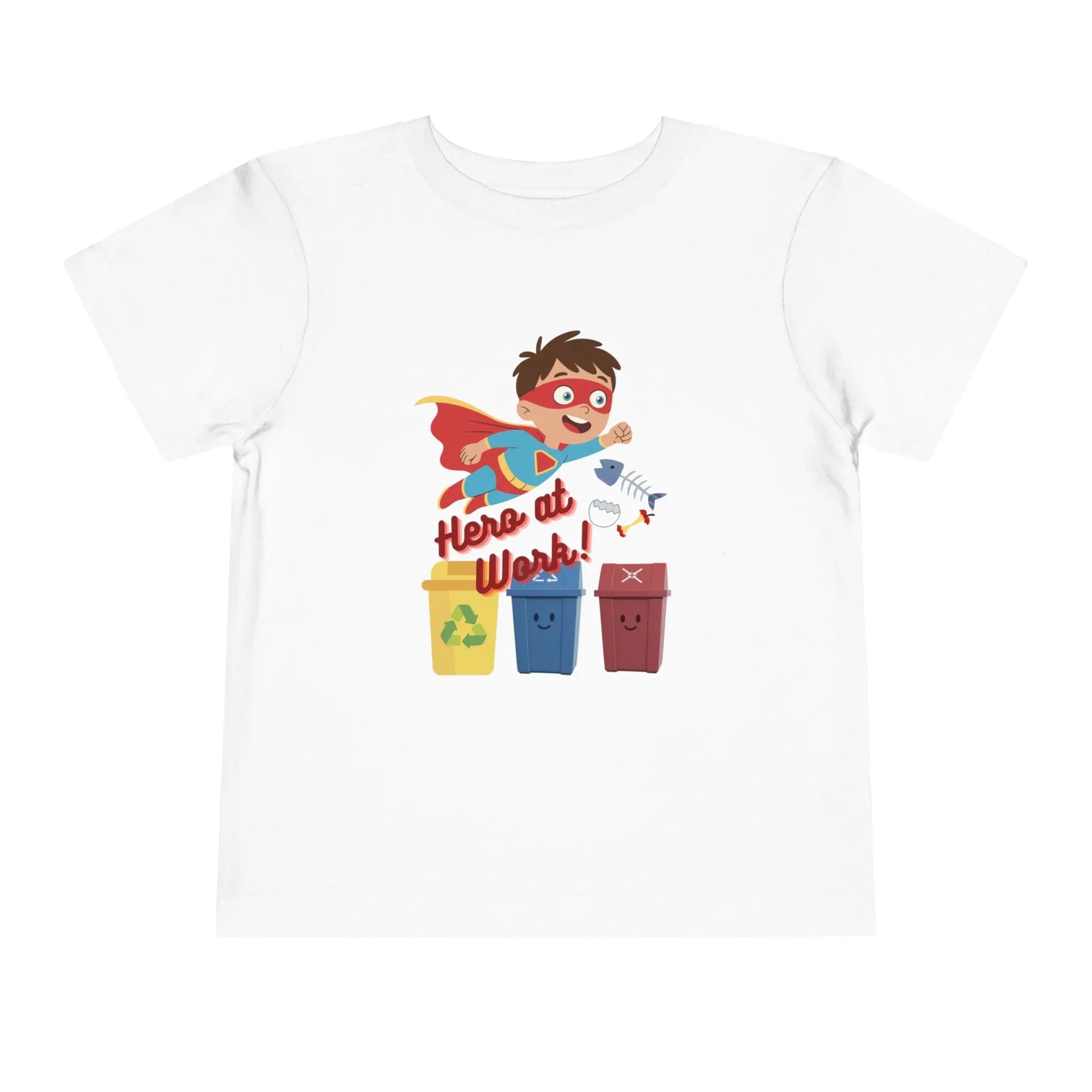Toddler wearing these inspiring little eco-heroes with this playful toddler recycling shirt. Soft, durable cotton tee featuring a caped superhero sorting bin. Perfect for Earth Day, preschool, and everyday adventures. White