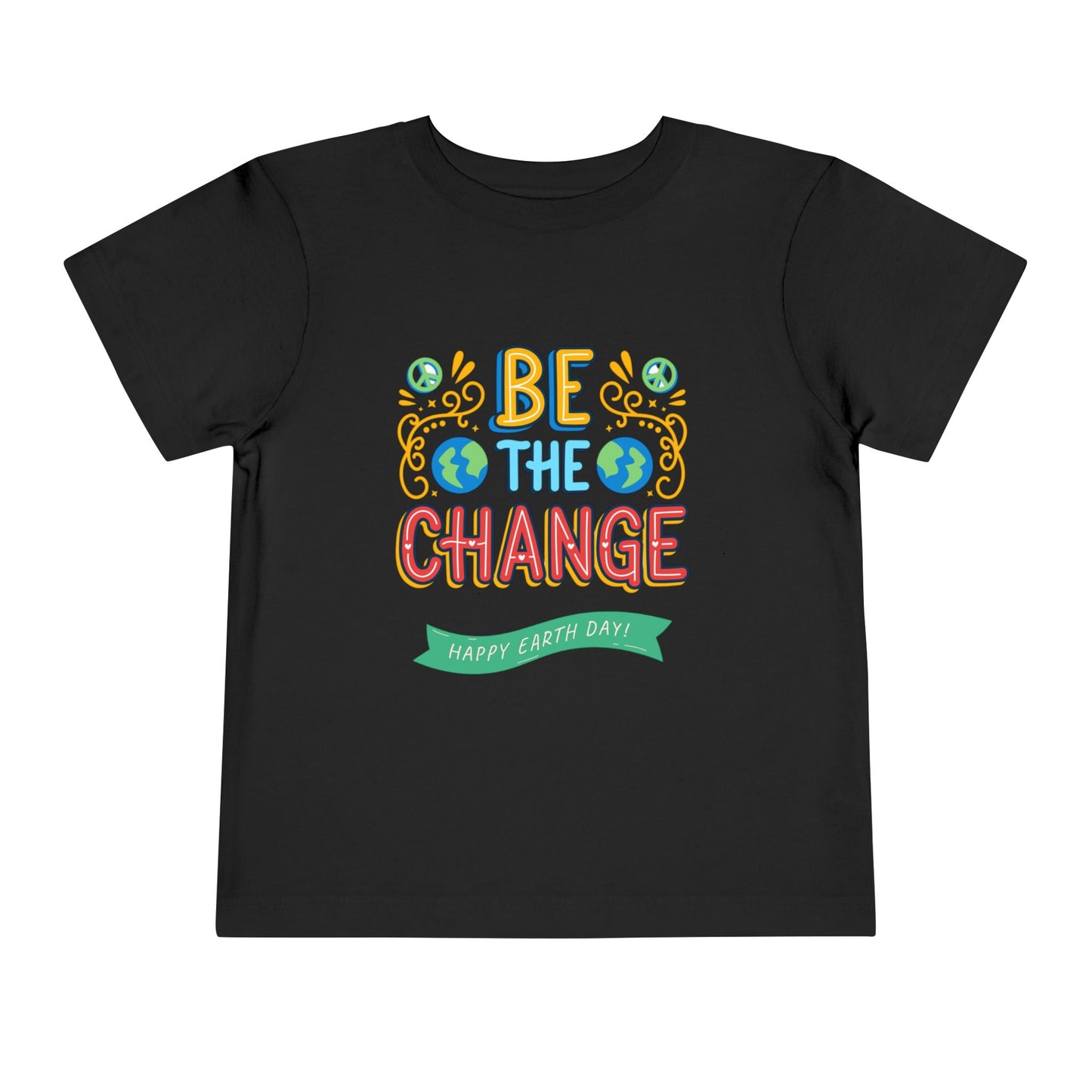 Soft cotton toddler tee with Be the Change message and globe icons. Perfect for Earth Day celebrations and eco-friendly kids. Sizes 2T-5T.
Black