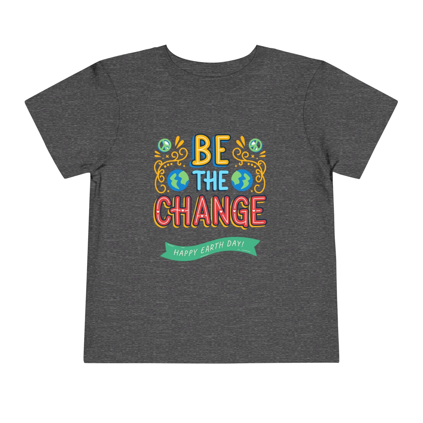 Soft cotton toddler tee with Be the Change message and globe icons. Perfect for Earth Day celebrations and eco-friendly kids. Sizes 2T-5T.
Dark Heather Grey
