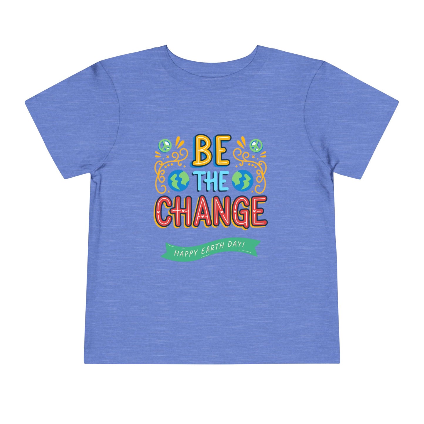 Soft cotton toddler tee with Be the Change message and globe icons. Perfect for Earth Day celebrations and eco-friendly kids. Sizes 2T-5T.
Heather Columbia Blue