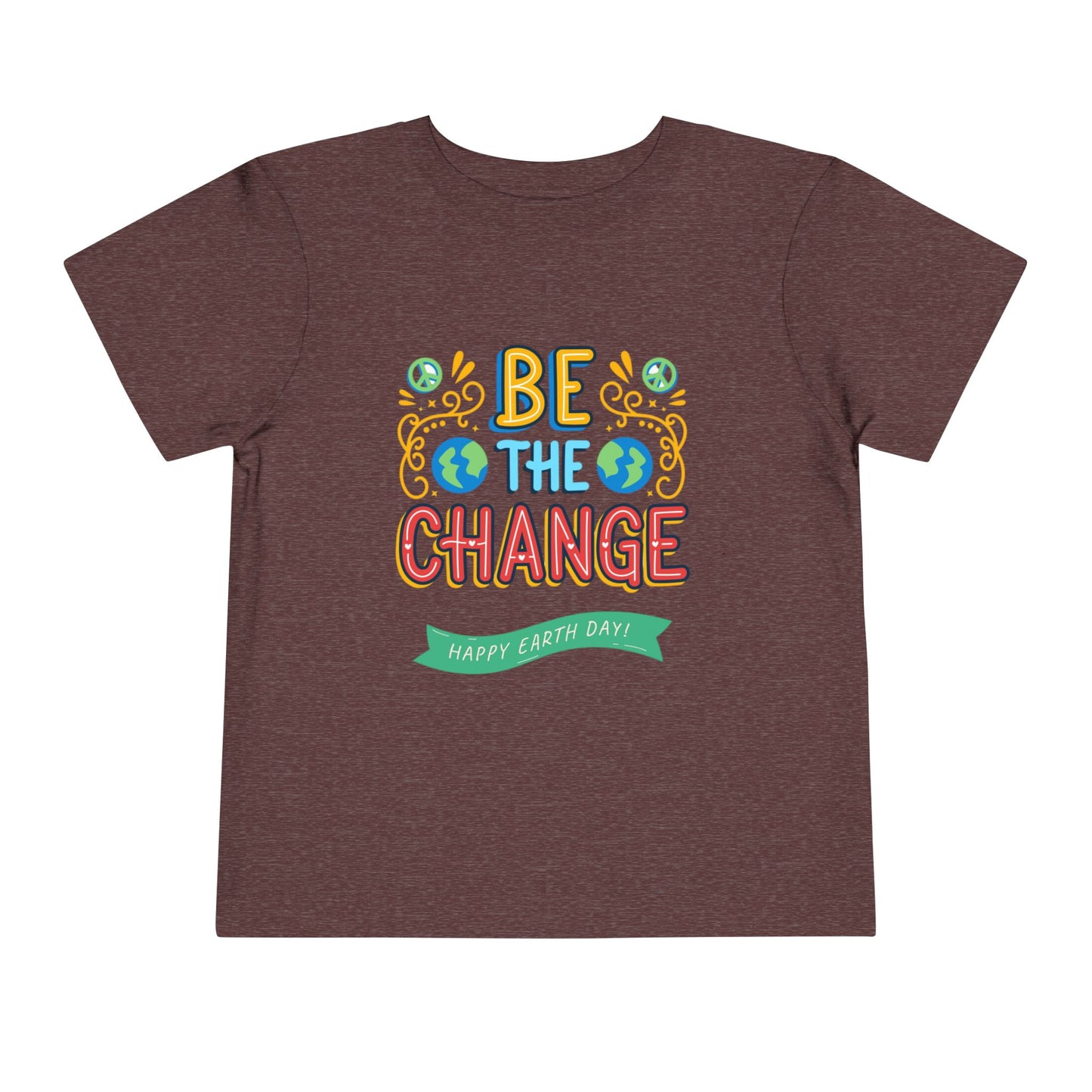 Soft cotton toddler tee with Be the Change message and globe icons. Perfect for Earth Day celebrations and eco-friendly kids. Sizes 2T-5T.
Heather Maroon